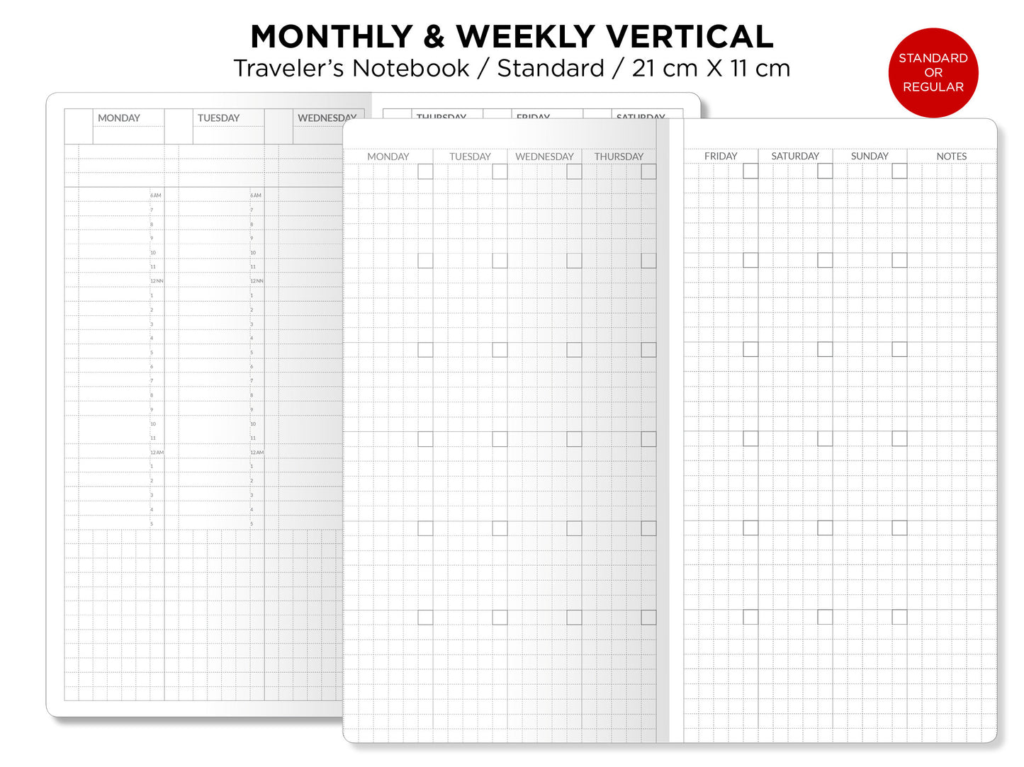 Weekly VERTICAL & Monthly Planner Undated Traveler's Notebook Printable Insert Refill - Standard Size - Minimalist Sunday or Monday Start