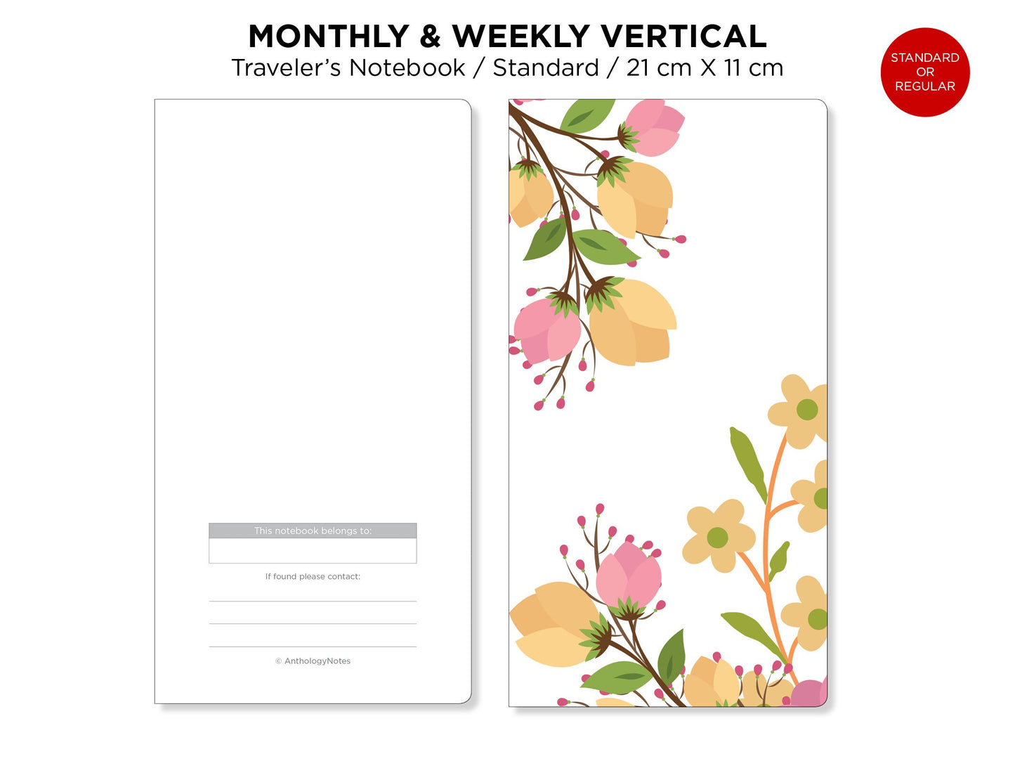 Weekly VERTICAL & Monthly Planner Undated Traveler's Notebook Printable Insert Refill - Standard Size - Minimalist Sunday or Monday Start