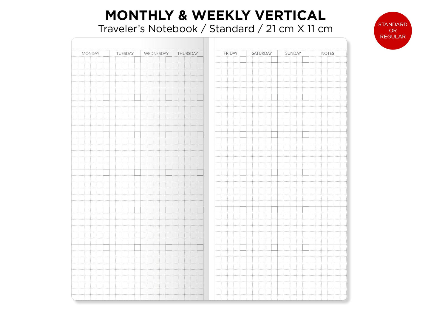 Weekly VERTICAL & Monthly Planner Undated Traveler's Notebook Printable Insert Refill - Standard Size - Minimalist Sunday or Monday Start