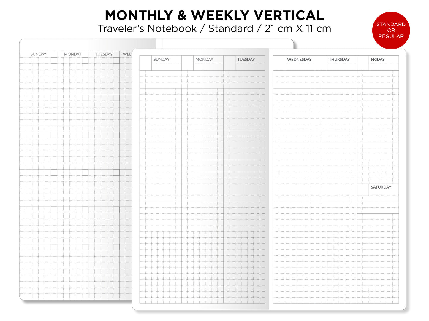 Weekly VERTICAL & Monthly Planner Undated Traveler's Notebook Printable Insert Refill - Standard Size - Minimalist Sunday or Monday Start