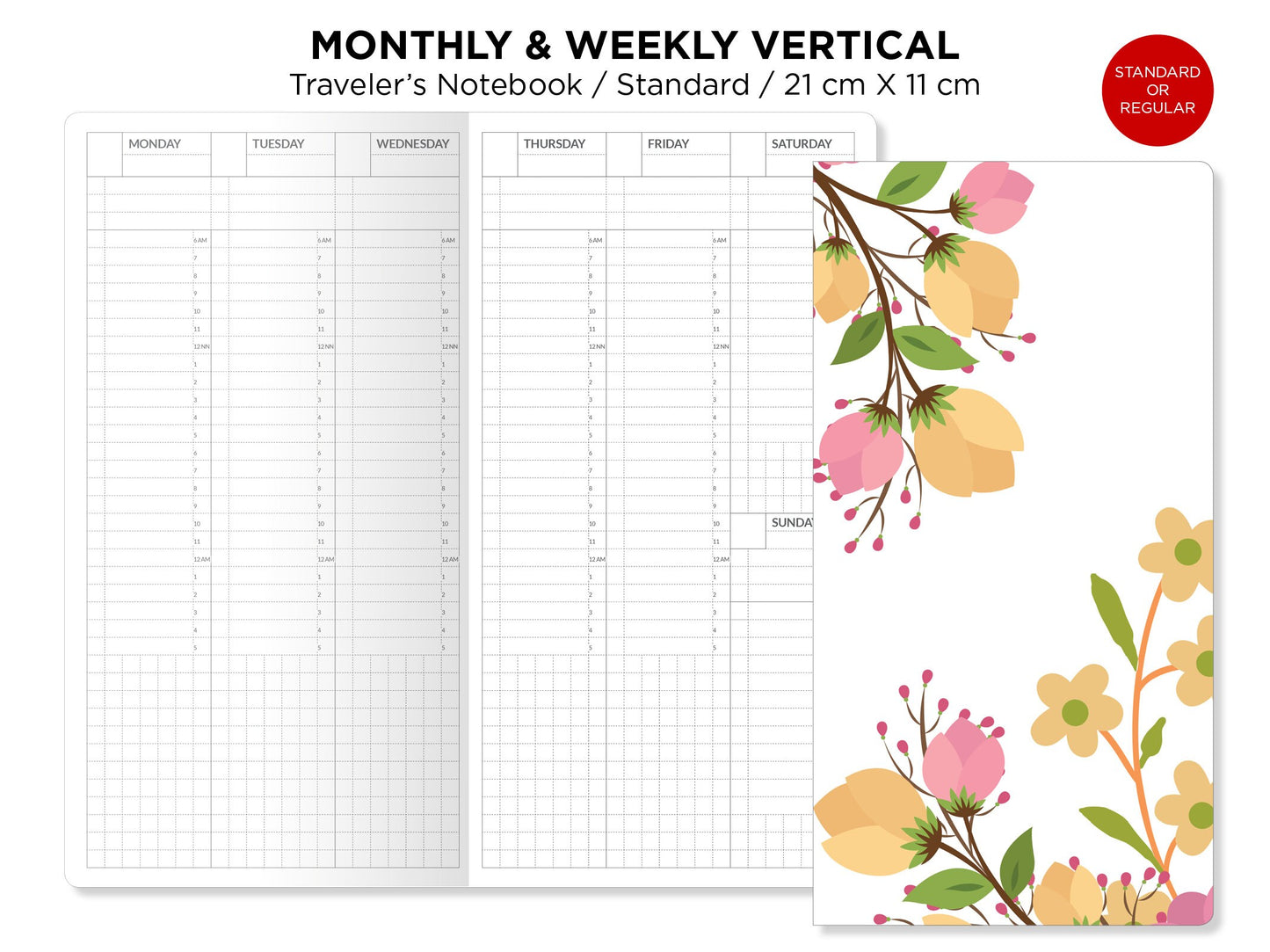 Weekly VERTICAL & Monthly Planner Undated Traveler's Notebook Printable Insert Refill - Standard Size - Minimalist Sunday or Monday Start