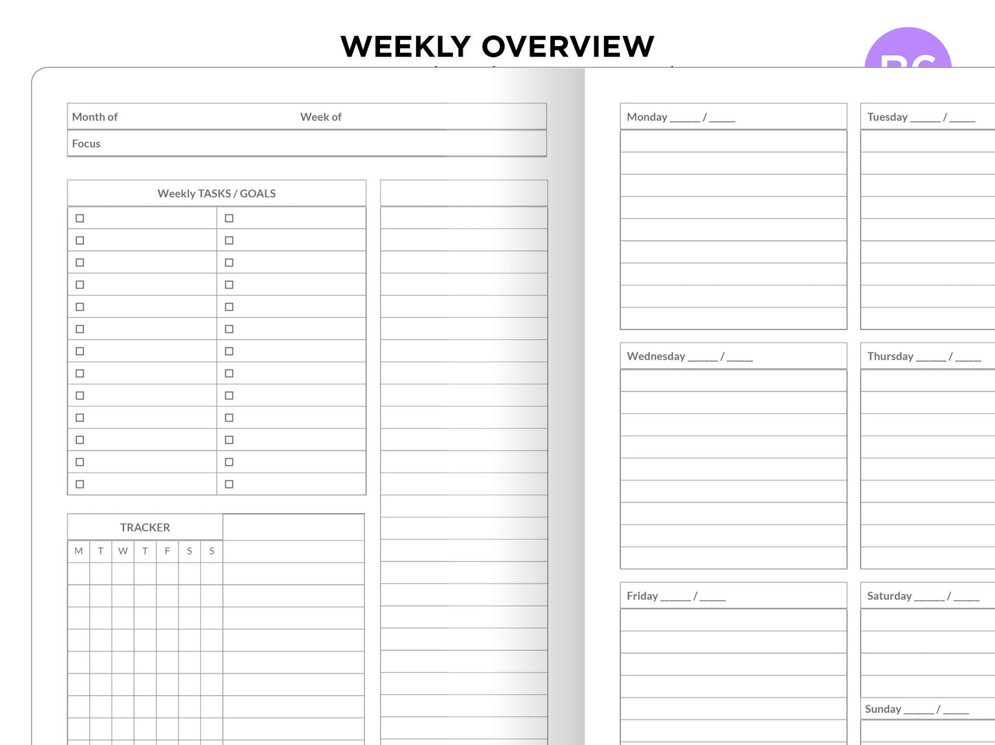 B6 Weekly View Summary Traveler's Notebook Printable Insert Minimalist