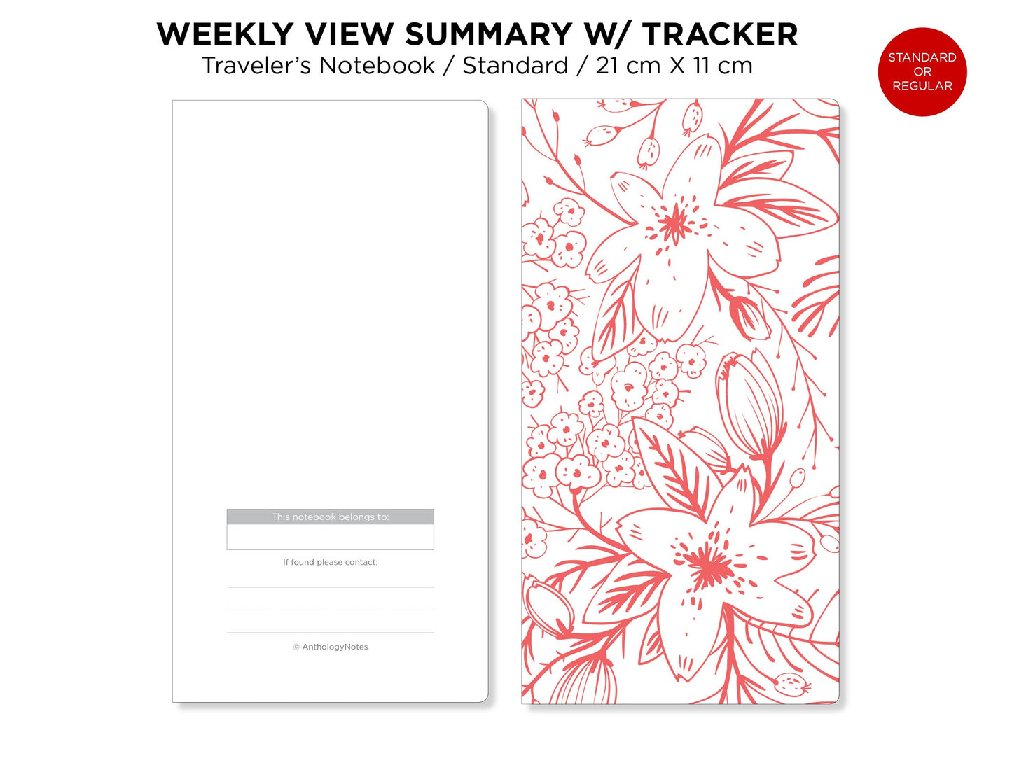 Standard TN WEEKLY View Summary Printable Insert Traveler's Notebook with Tasks, Tracker