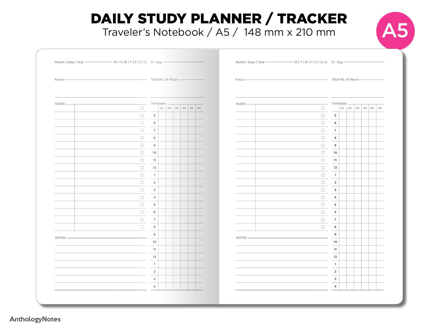 A5 TN DAILY STUDY Planner Tracker Printable Insert Traveler's Notebook A5024