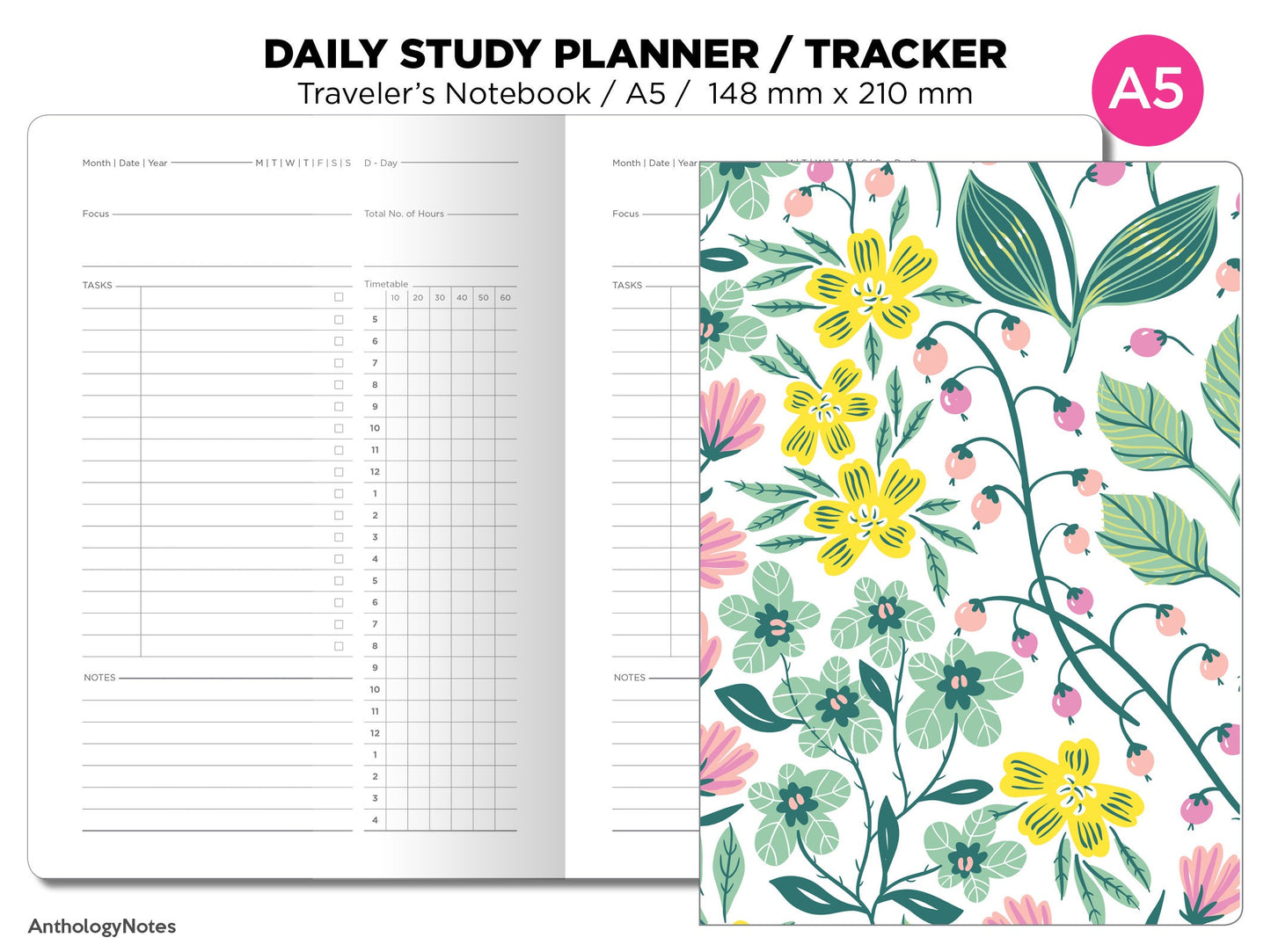 A5 TN DAILY STUDY Planner Tracker Printable Insert Traveler's Notebook A5024