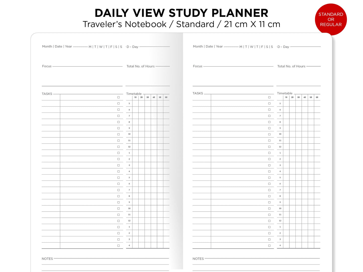 Daily STUDY Planner Timetable Printable Insert Standard Size Traveler's Notebook