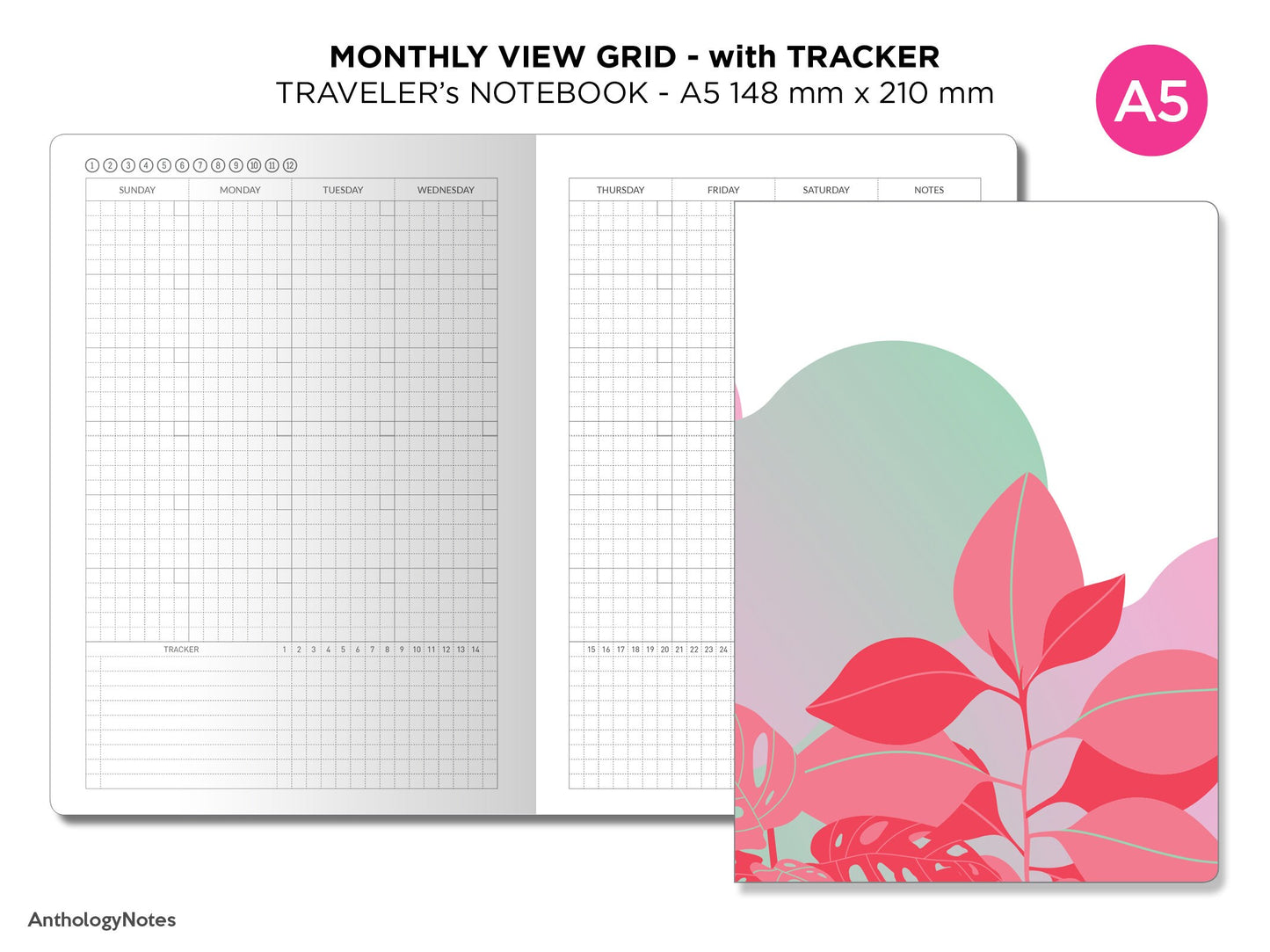 A5 Monthly View Tracker GRID Traveler's Notebook Printable Insert Mo2P A5022