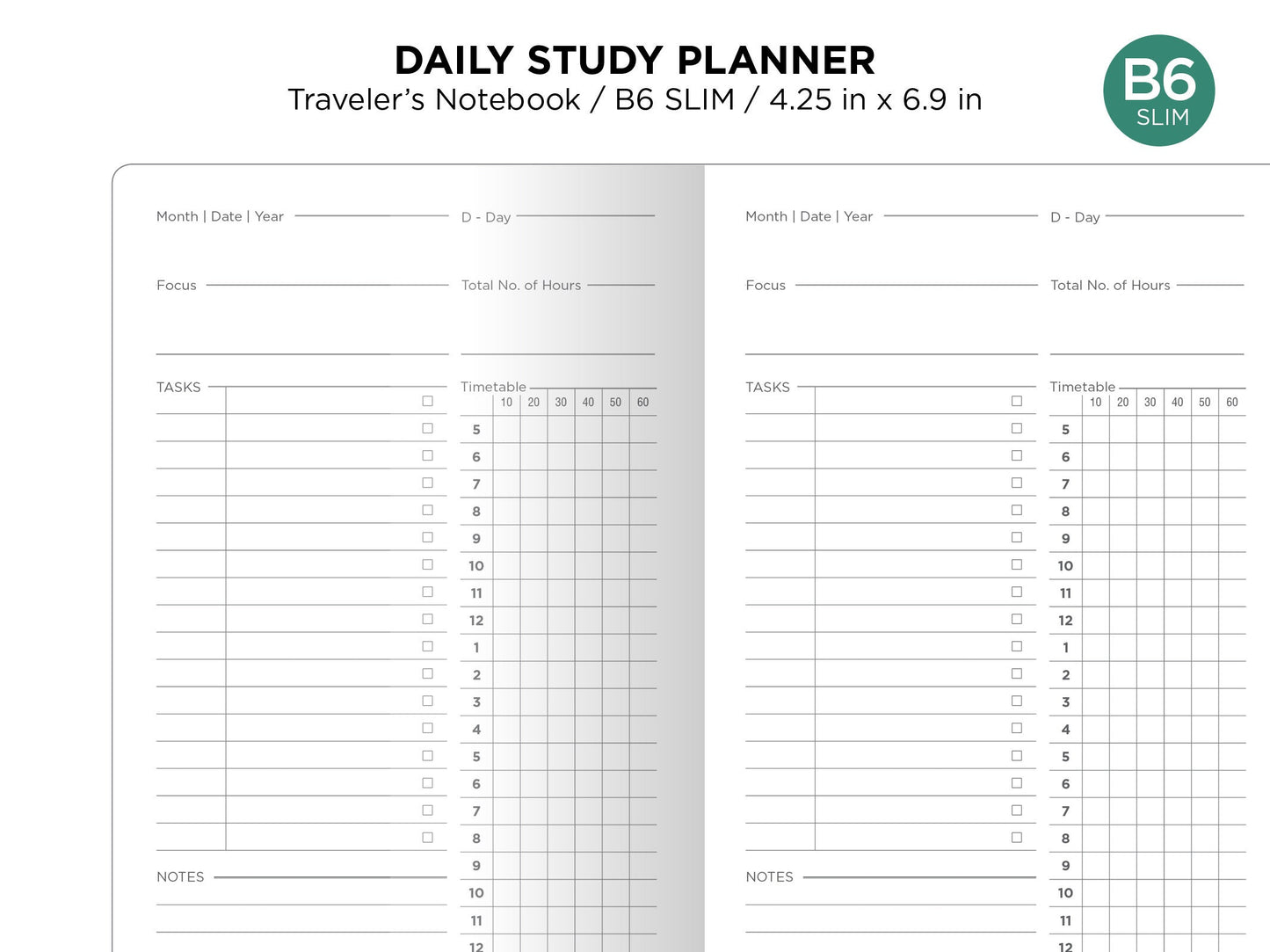 B6 Slim DAILY STUDY Printable Insert for Traveler's Notebook