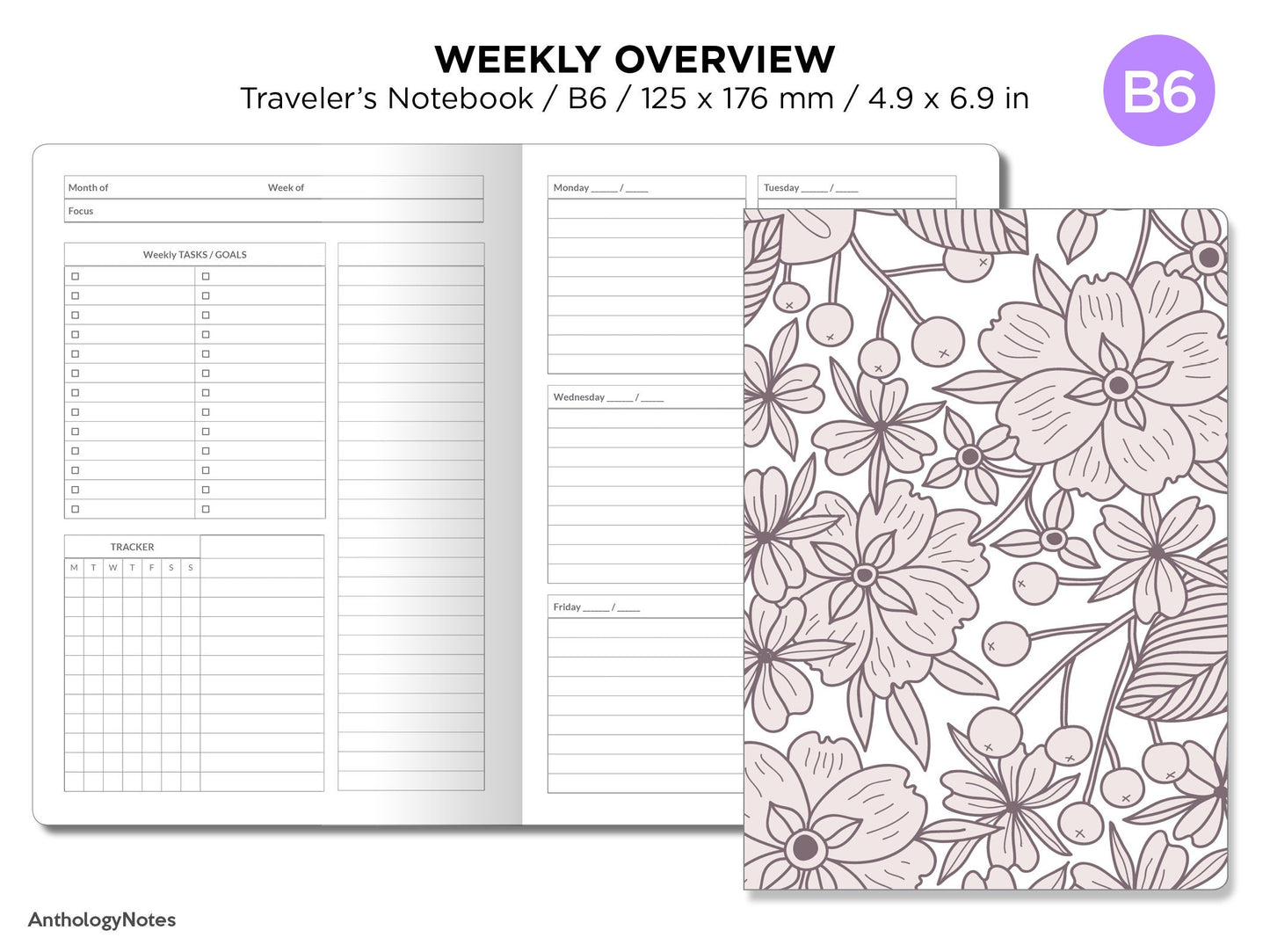 B6 Weekly View Summary Traveler's Notebook Printable Insert Minimalist