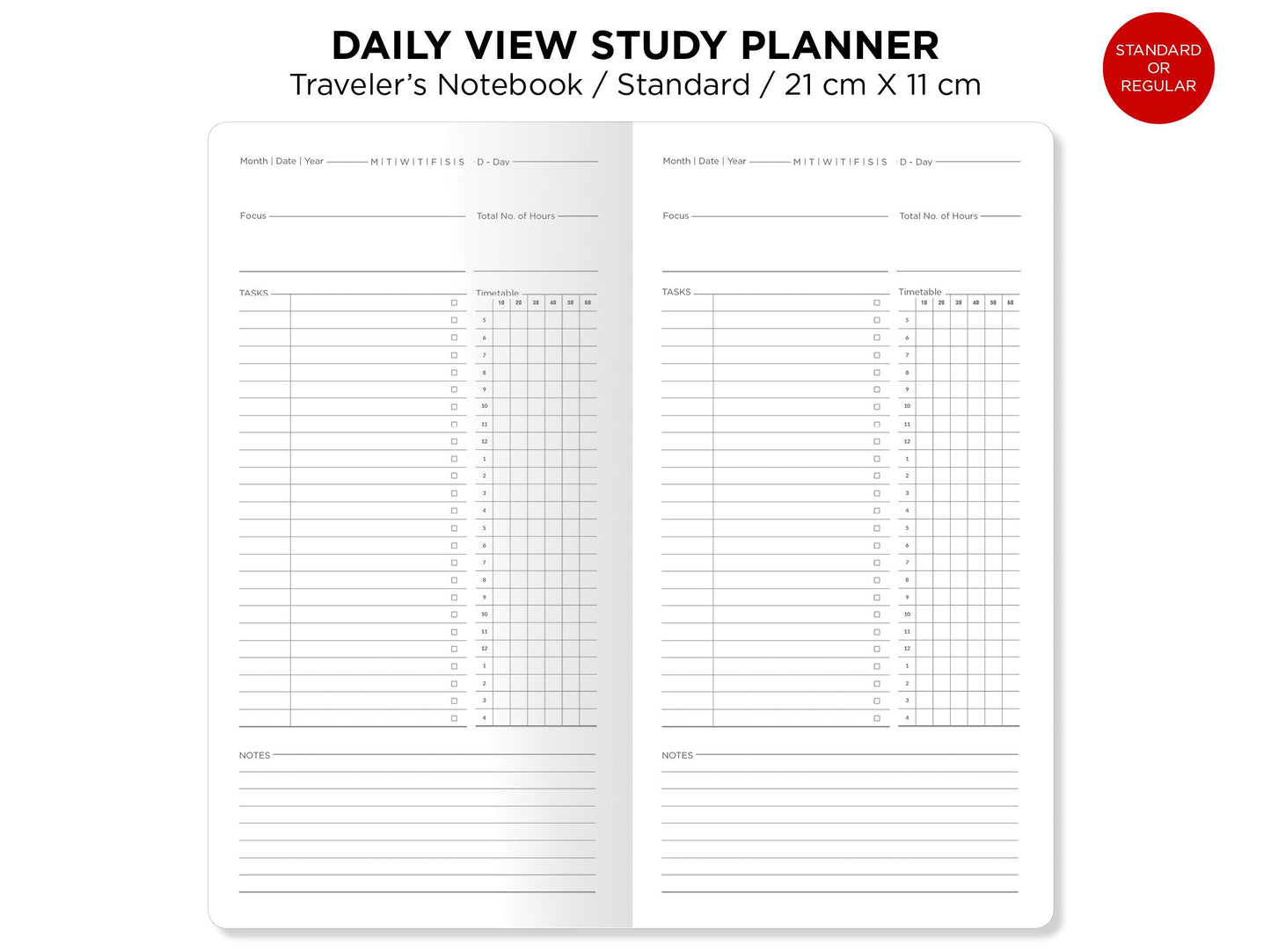 Daily STUDY Planner Timetable Printable Insert Standard Size Traveler's Notebook