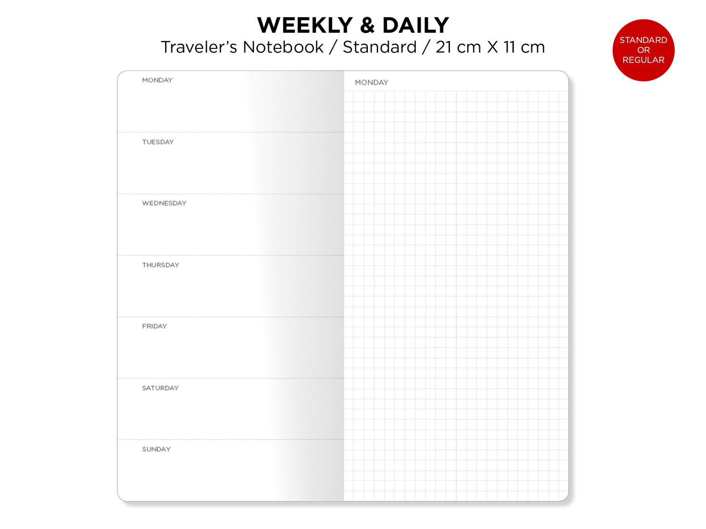 DAILY and WEEKLY Traveler's Notebook Printable Insert GRID Minimalist Functional