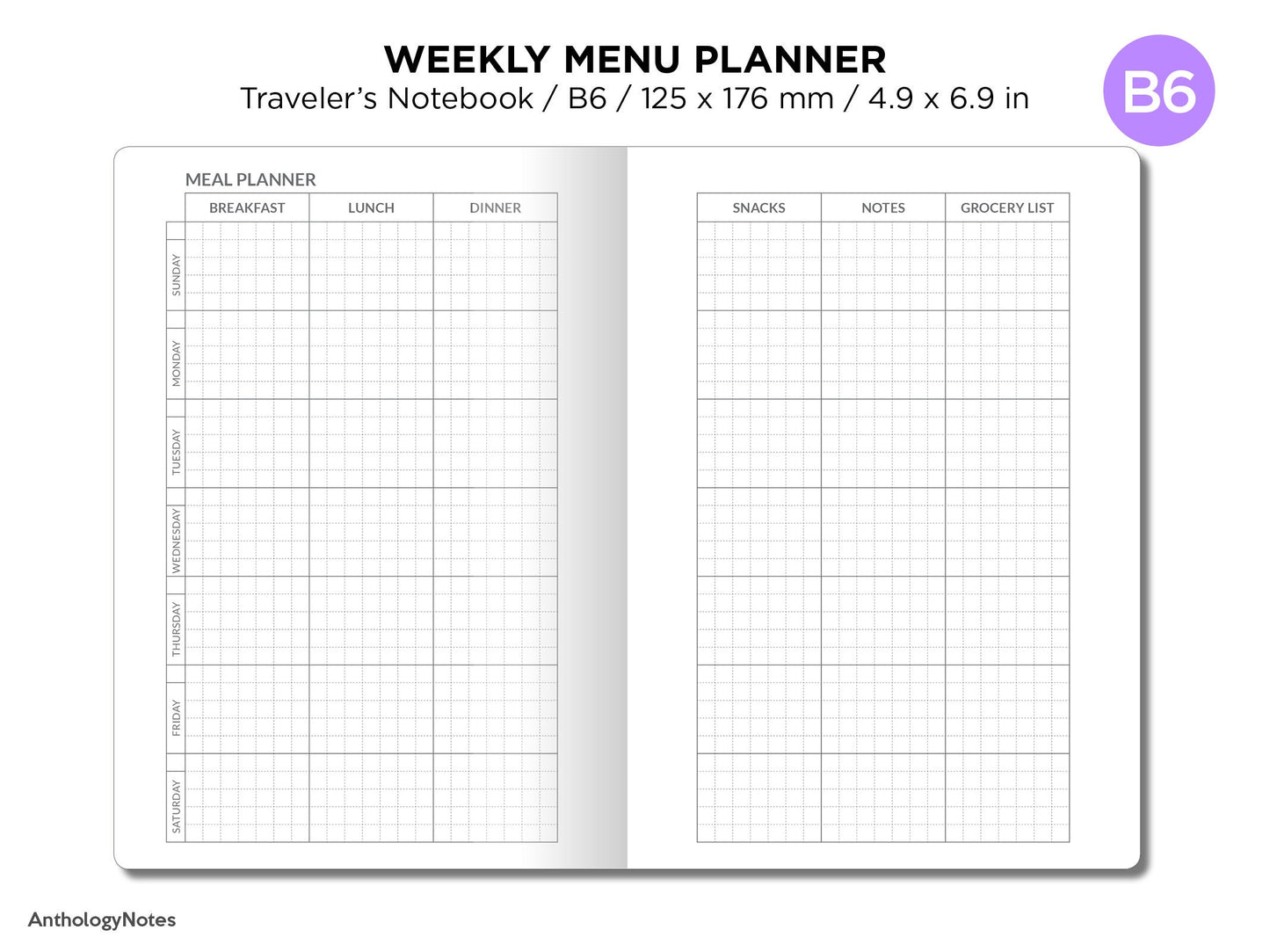 B6 TN Menu Planner Weekly Minimalist Printable Traveler's Notebook Insert GRID