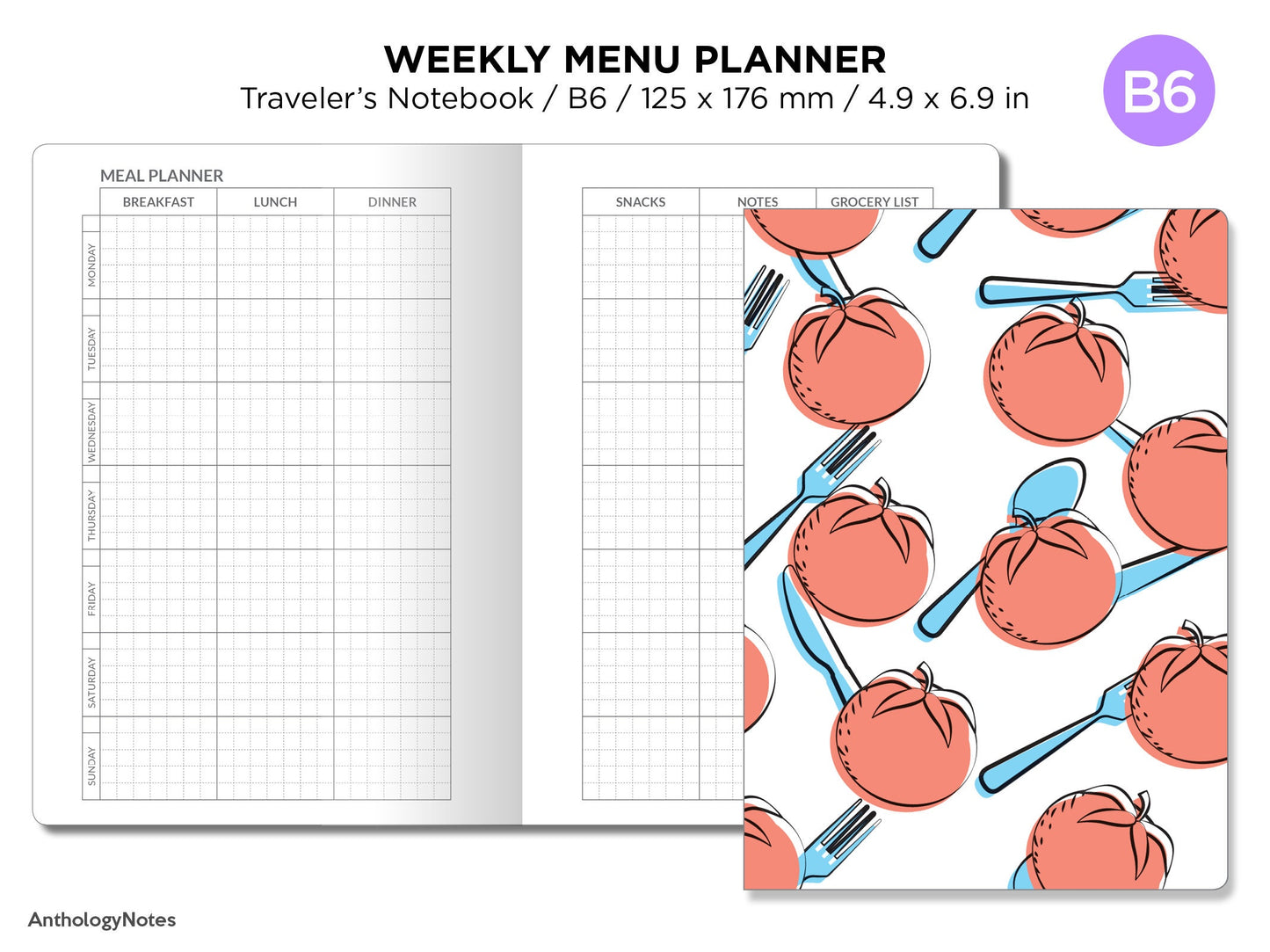 B6 TN Menu Planner Weekly Minimalist Printable Traveler's Notebook Insert GRID