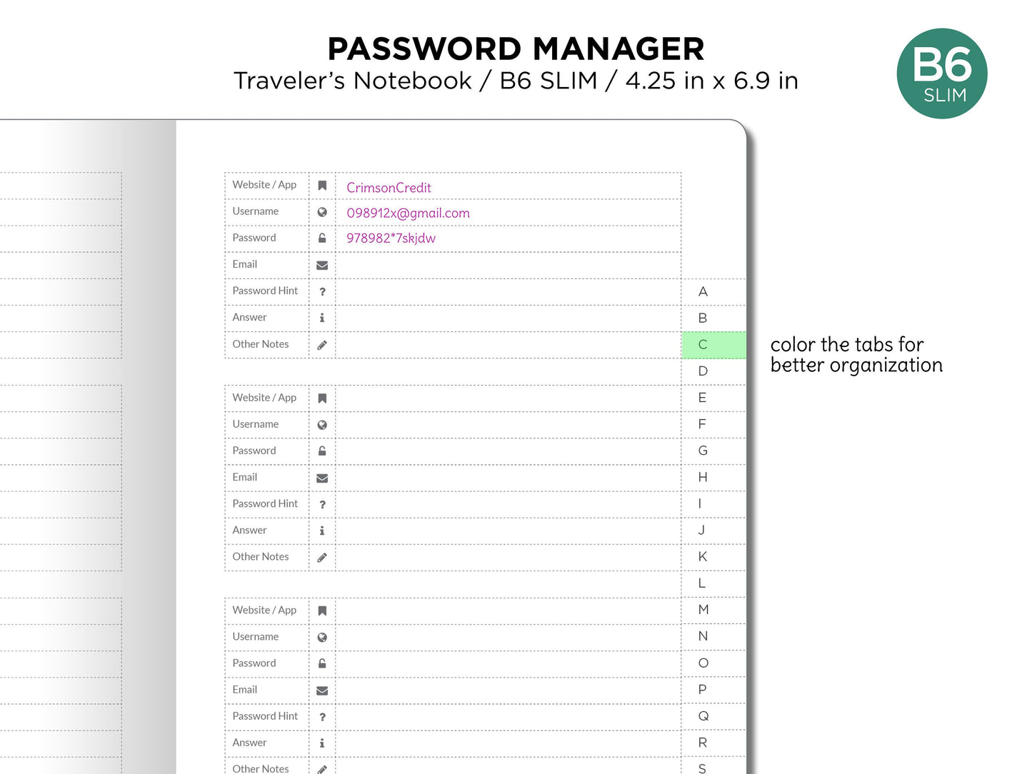 TN B6 SLIM Password Manager Printable Insert Traveler's Notebook PDF - Grid Minimalist