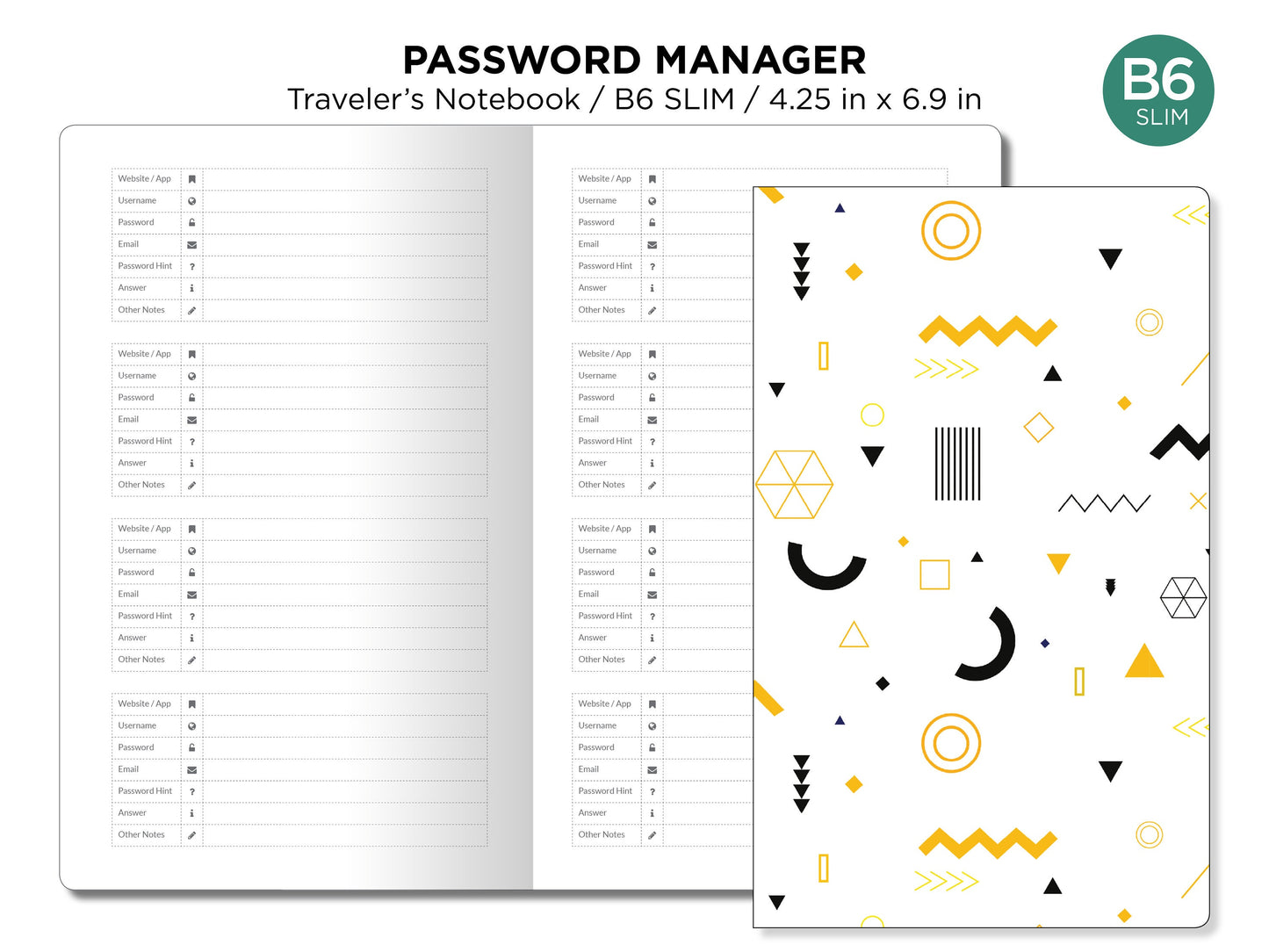 TN B6 SLIM Password Manager Printable Insert Traveler's Notebook PDF - Grid Minimalist