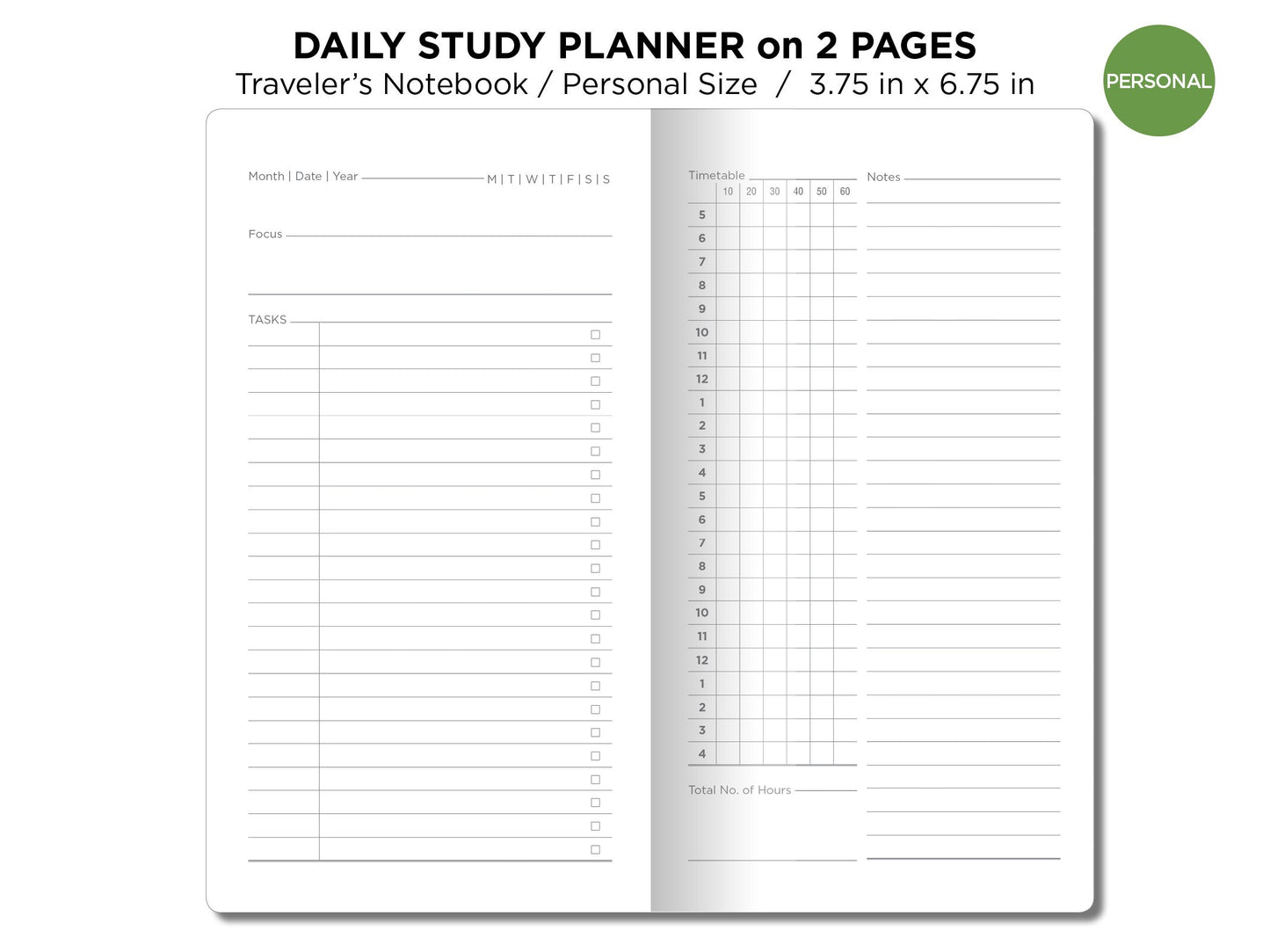 STUDY Planner Daily View on 2 Pages PERSONAL Size Traveler's Notebook Printable Planner Insert