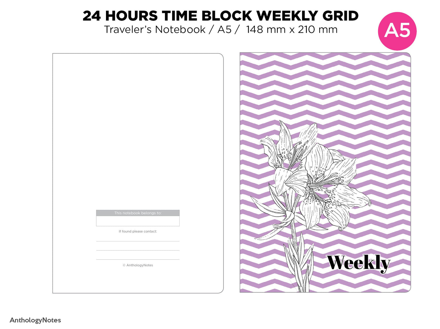 A5 TN 24 Hour TIME Block Weekly VERTICAL Grid Printable Traveler's Notebook Insert