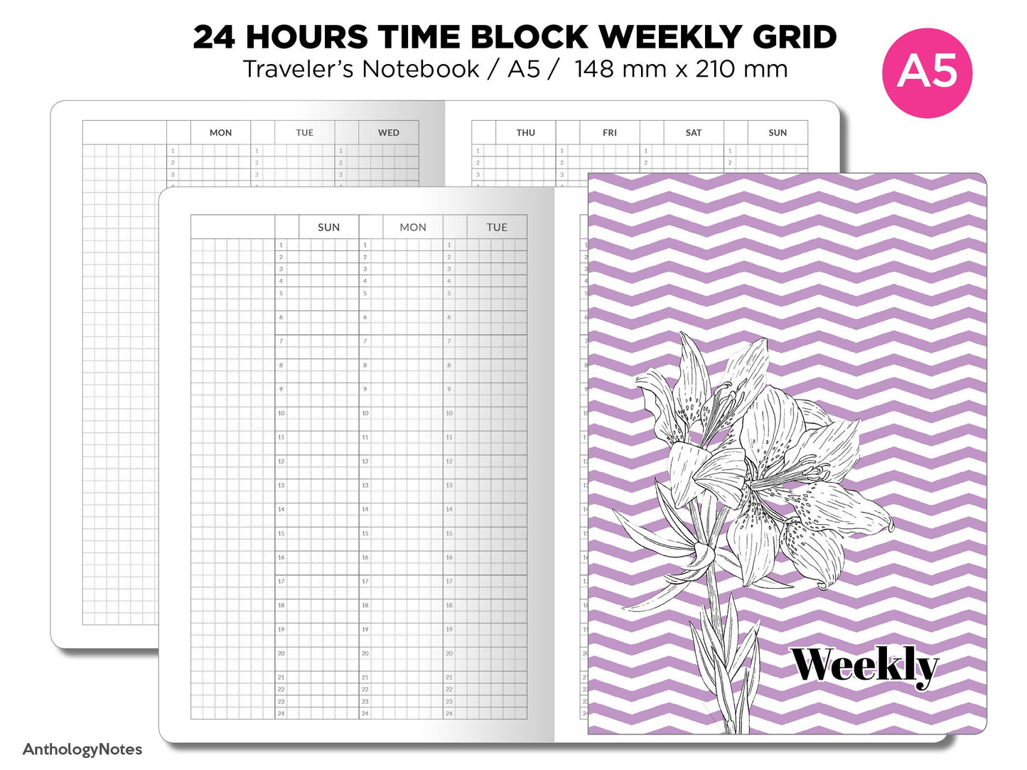 A5 TN 24 Hour TIME Block Weekly VERTICAL Grid Printable Traveler's Notebook Insert