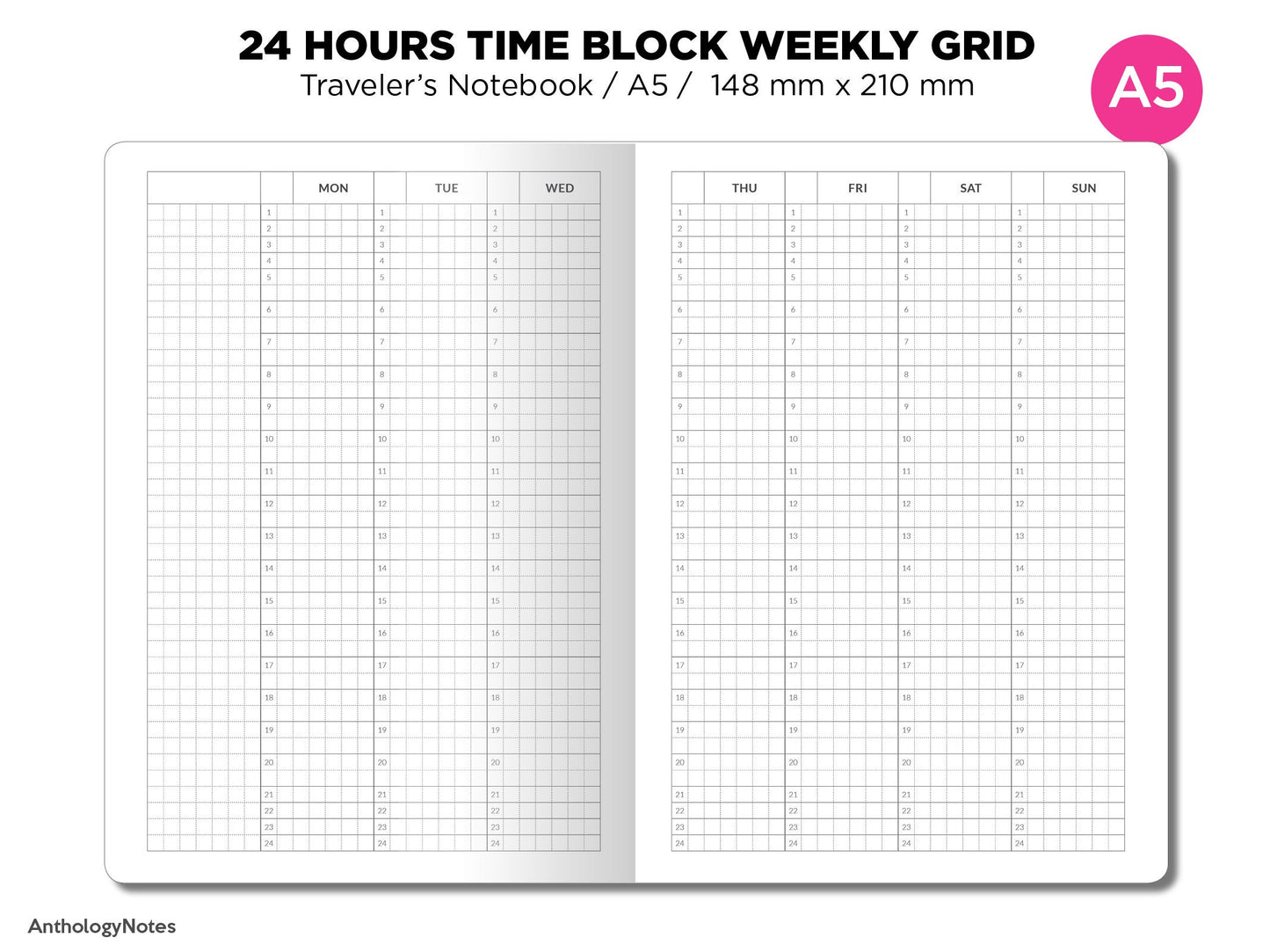 A5 TN 24 Hour TIME Block Weekly VERTICAL Grid Printable Traveler's Notebook Insert