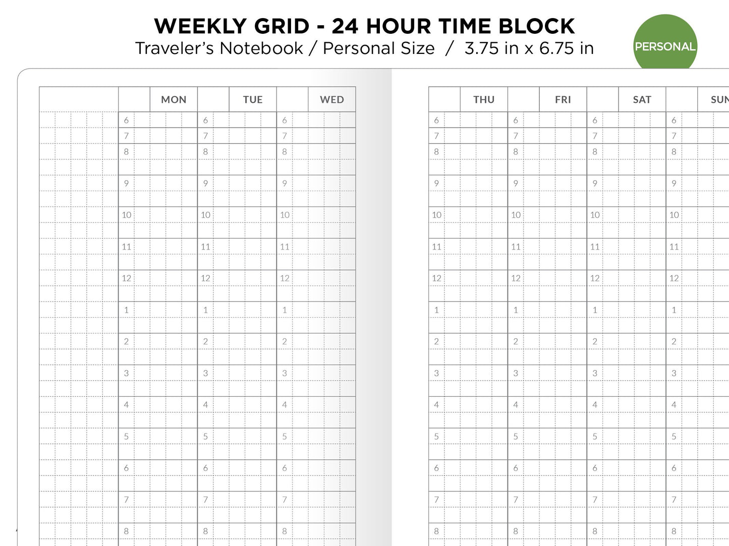 TN Personal Size TIME BLOCK Weekly VERTICAL Printable Traveler's Notebook Insert