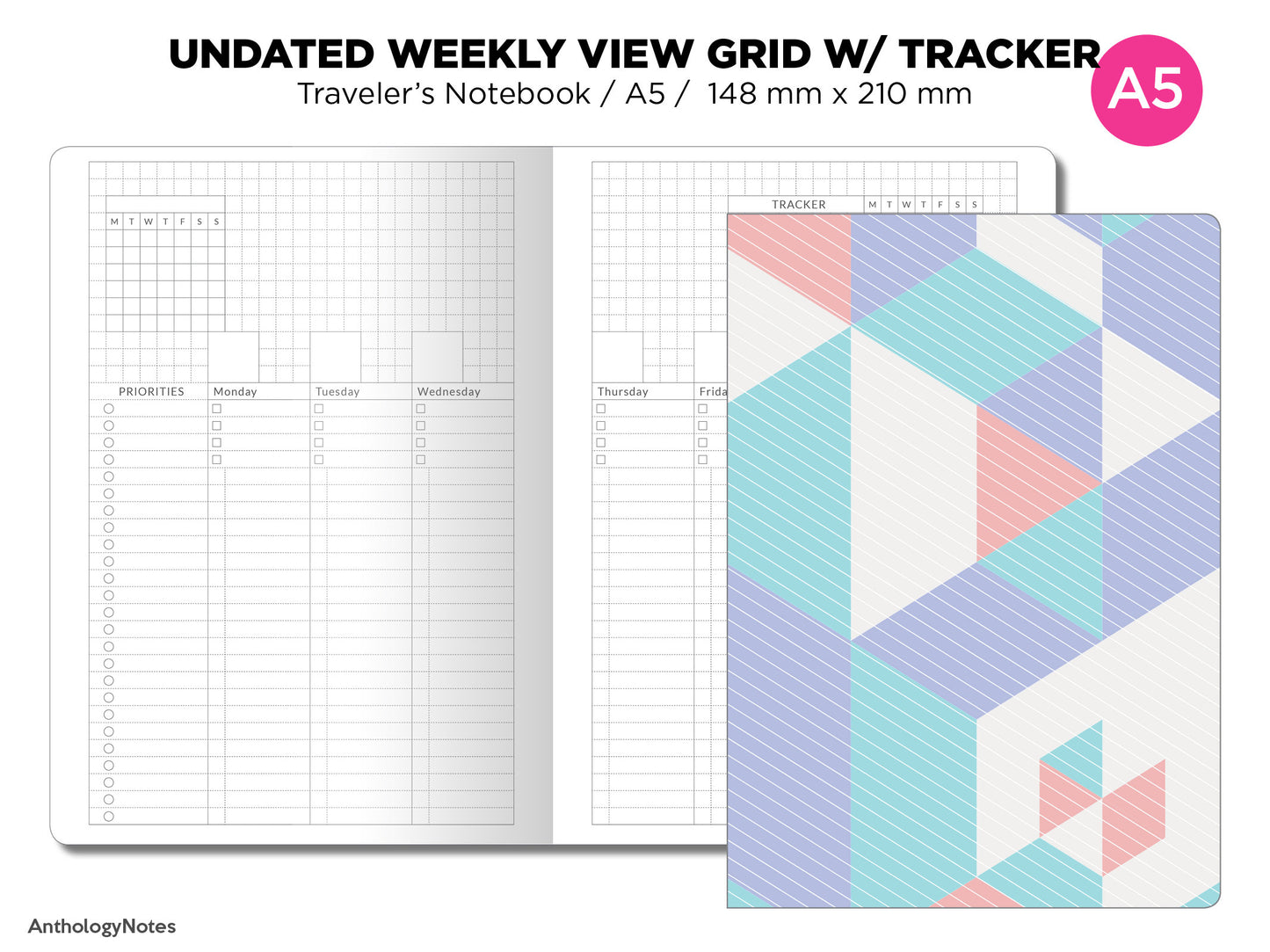 A5 WEEKLY View Vertical GRID with TRACKER undated Printable Insert Traveler's Notebook A5025