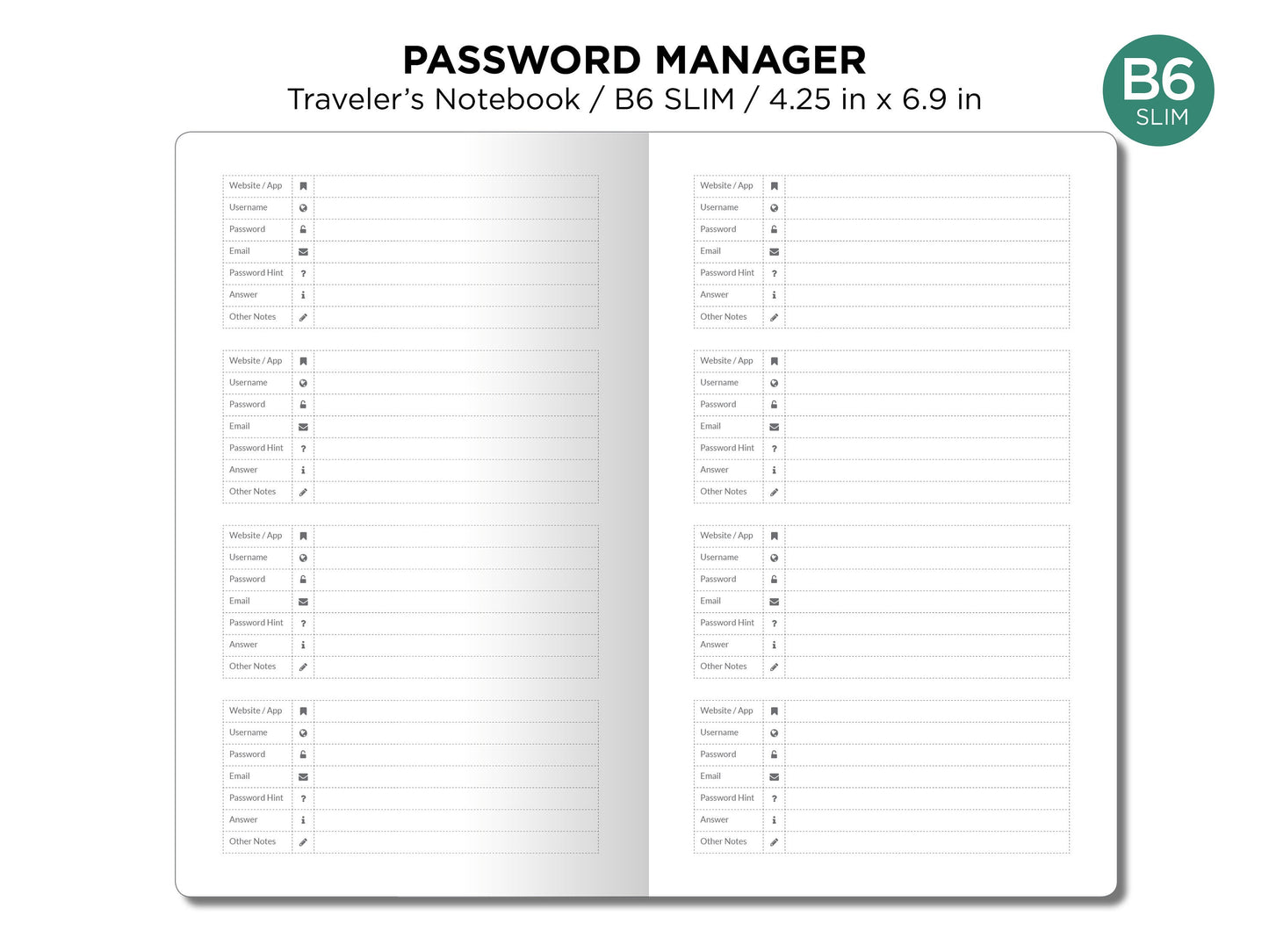 TN B6 SLIM Password Manager Printable Insert Traveler's Notebook PDF - Grid Minimalist