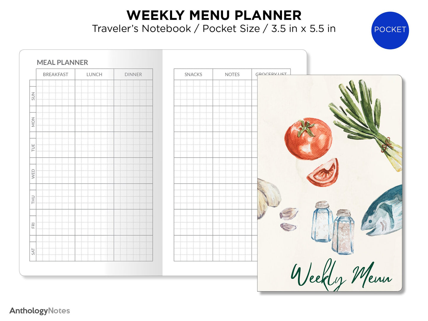 TN Pocket Weekly MENU Planner Minimalist GRID Printable Refill Insert