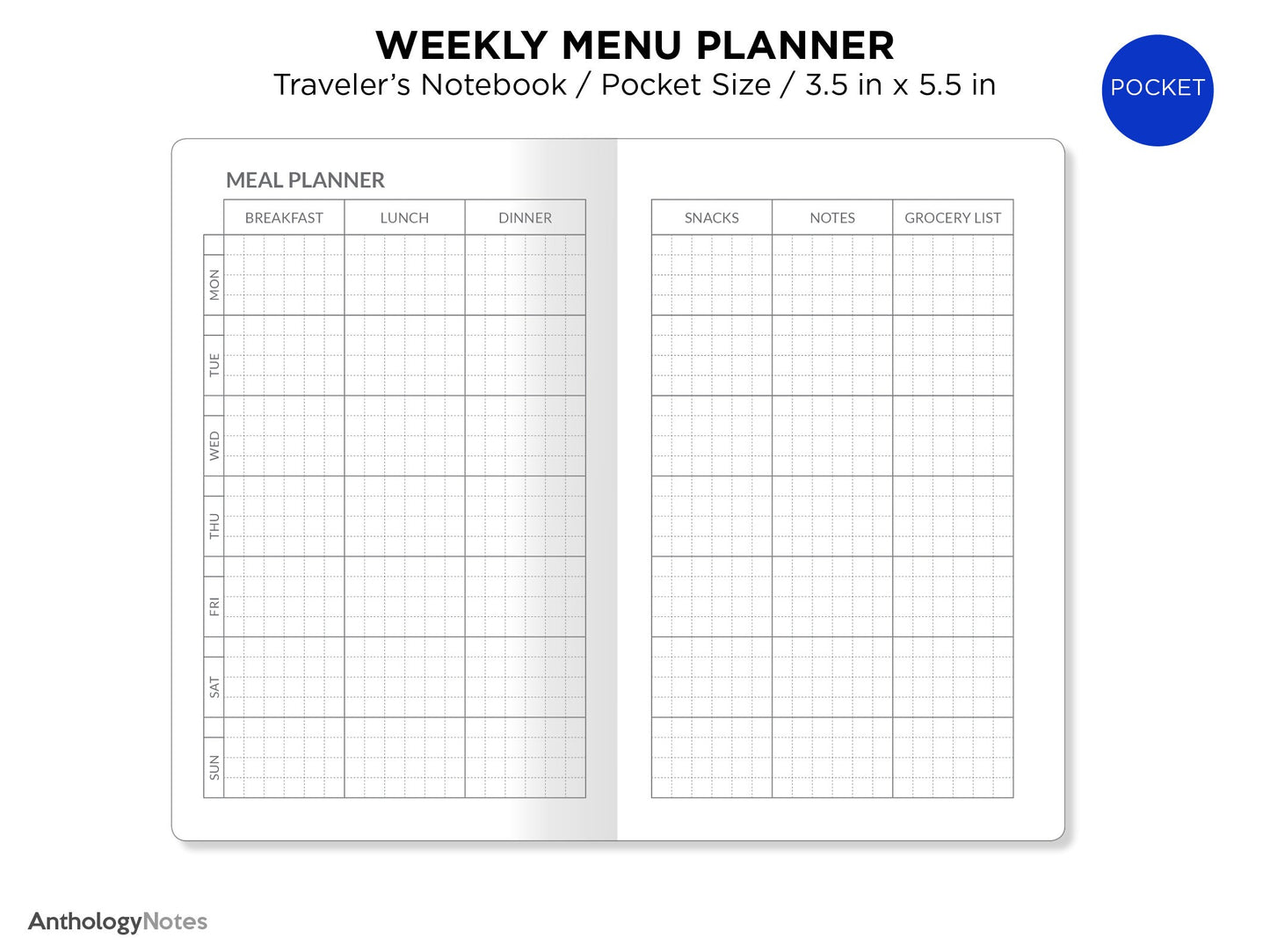 TN Pocket Weekly MENU Planner Minimalist GRID Printable Refill Insert