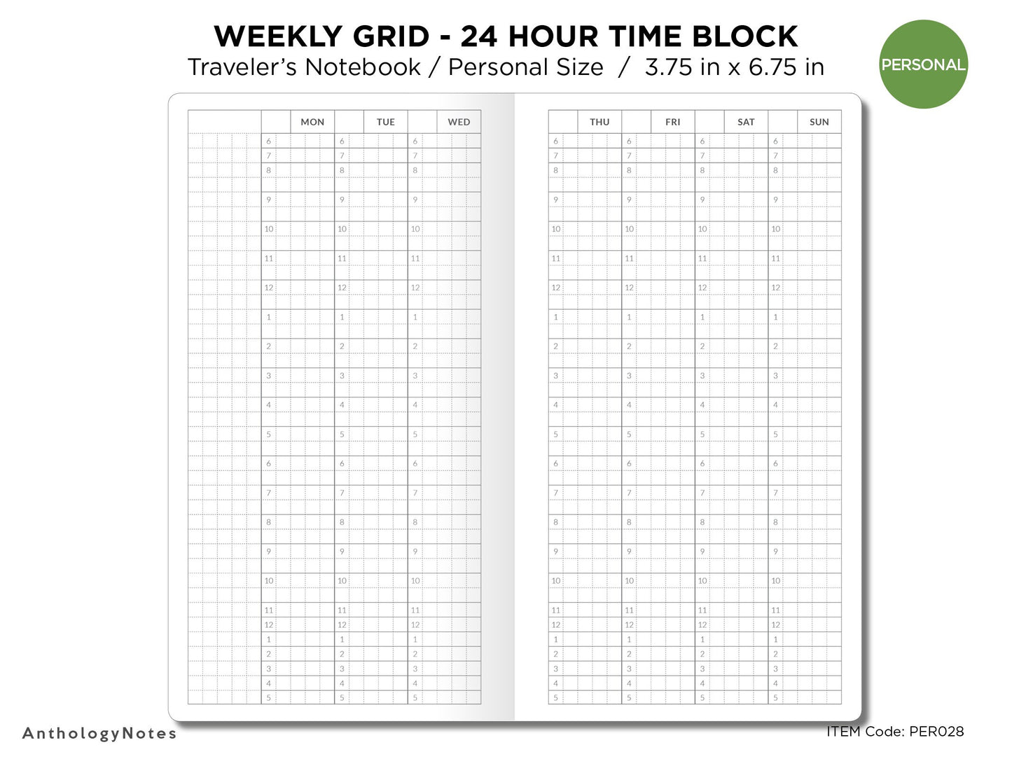 TN Personal Size TIME BLOCK Weekly VERTICAL Printable Traveler's Notebook Insert