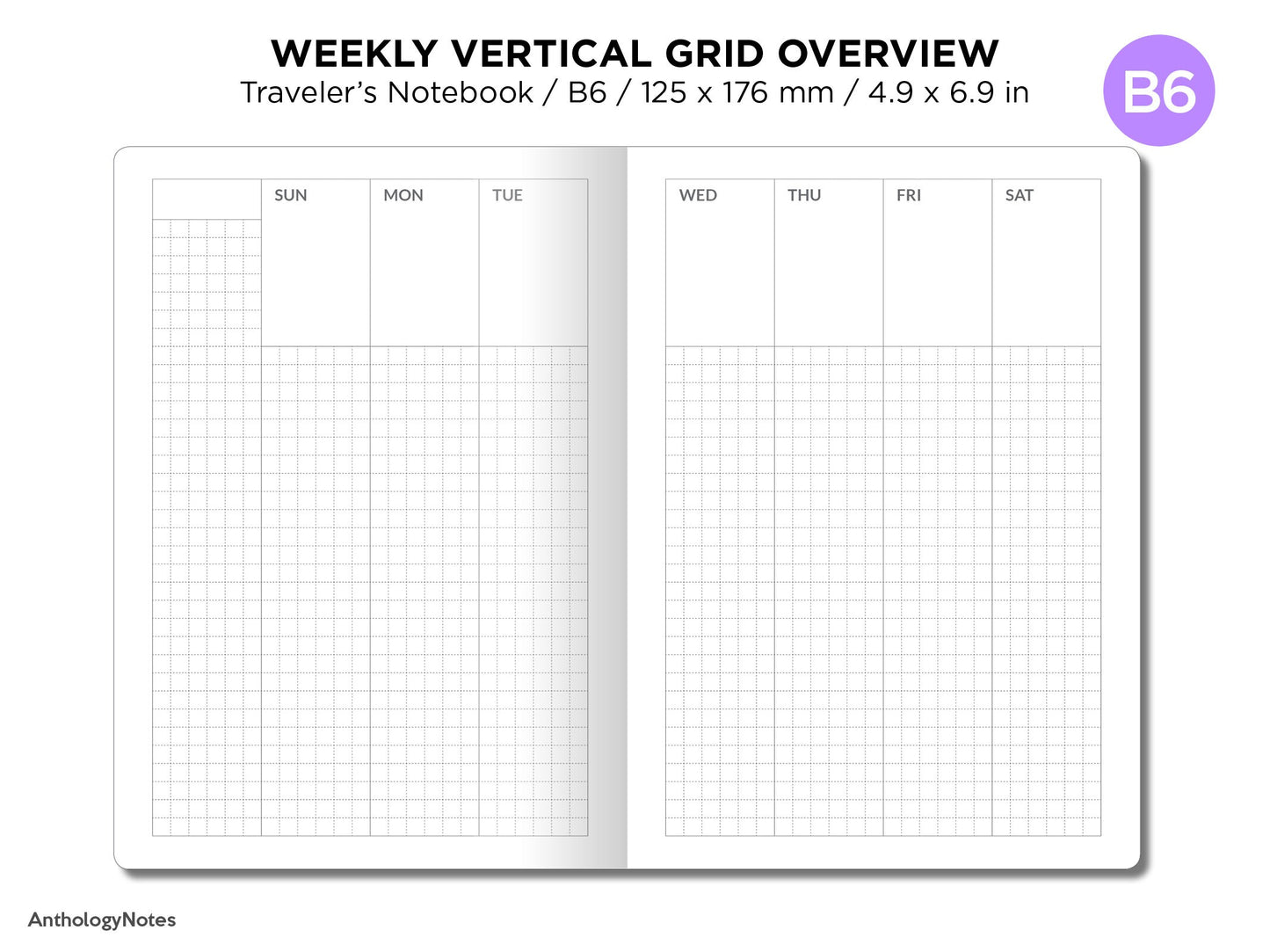 TN B6 Weekly GRID Vertical - with Daily Boxes Printable Insert for Traveler's Notebook