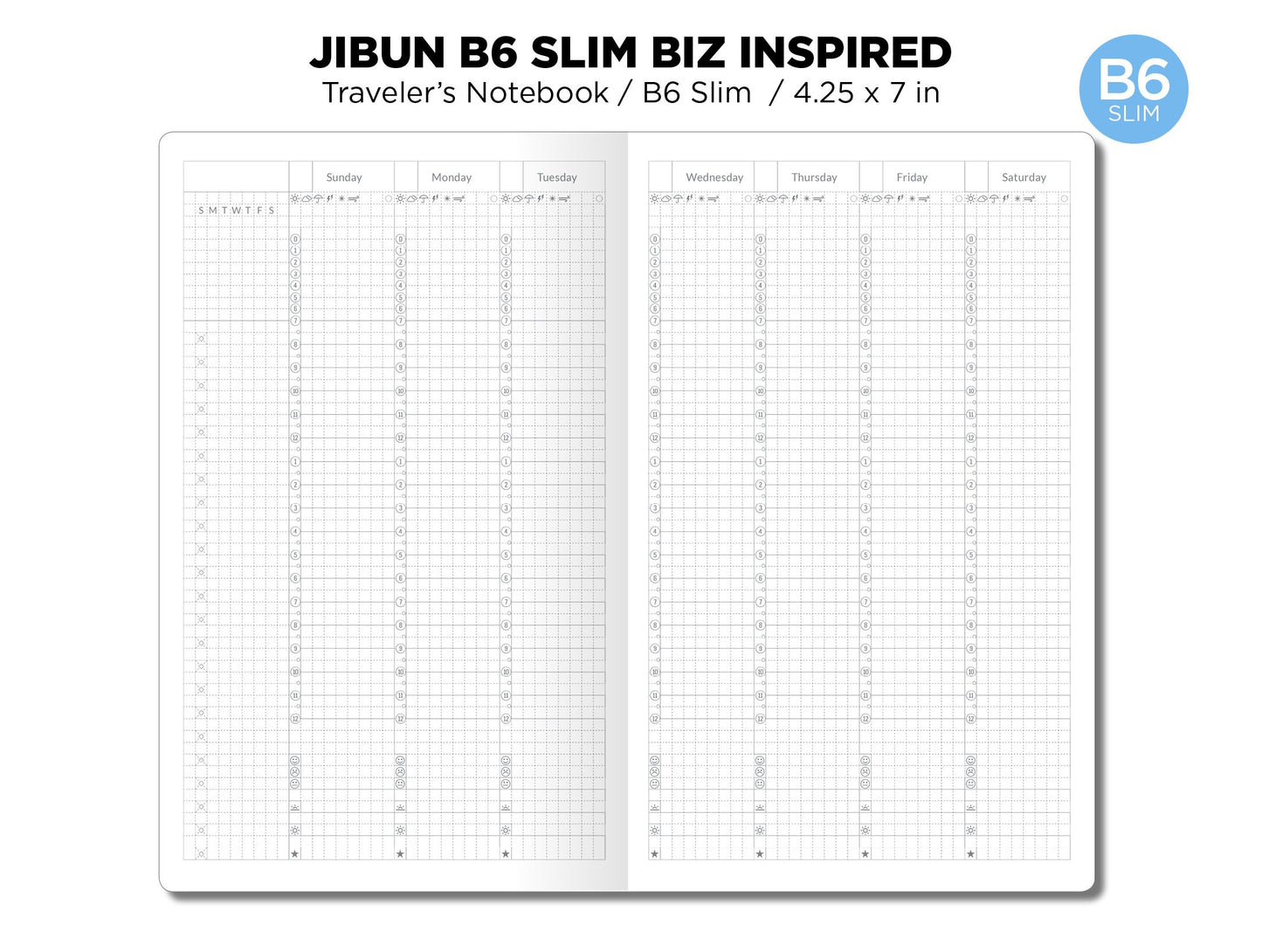 B6 Slim JIBUN Biz Weekly GRID Traveler's Notebook Vertical Japanese Planner Inspired Functional Printable Insert