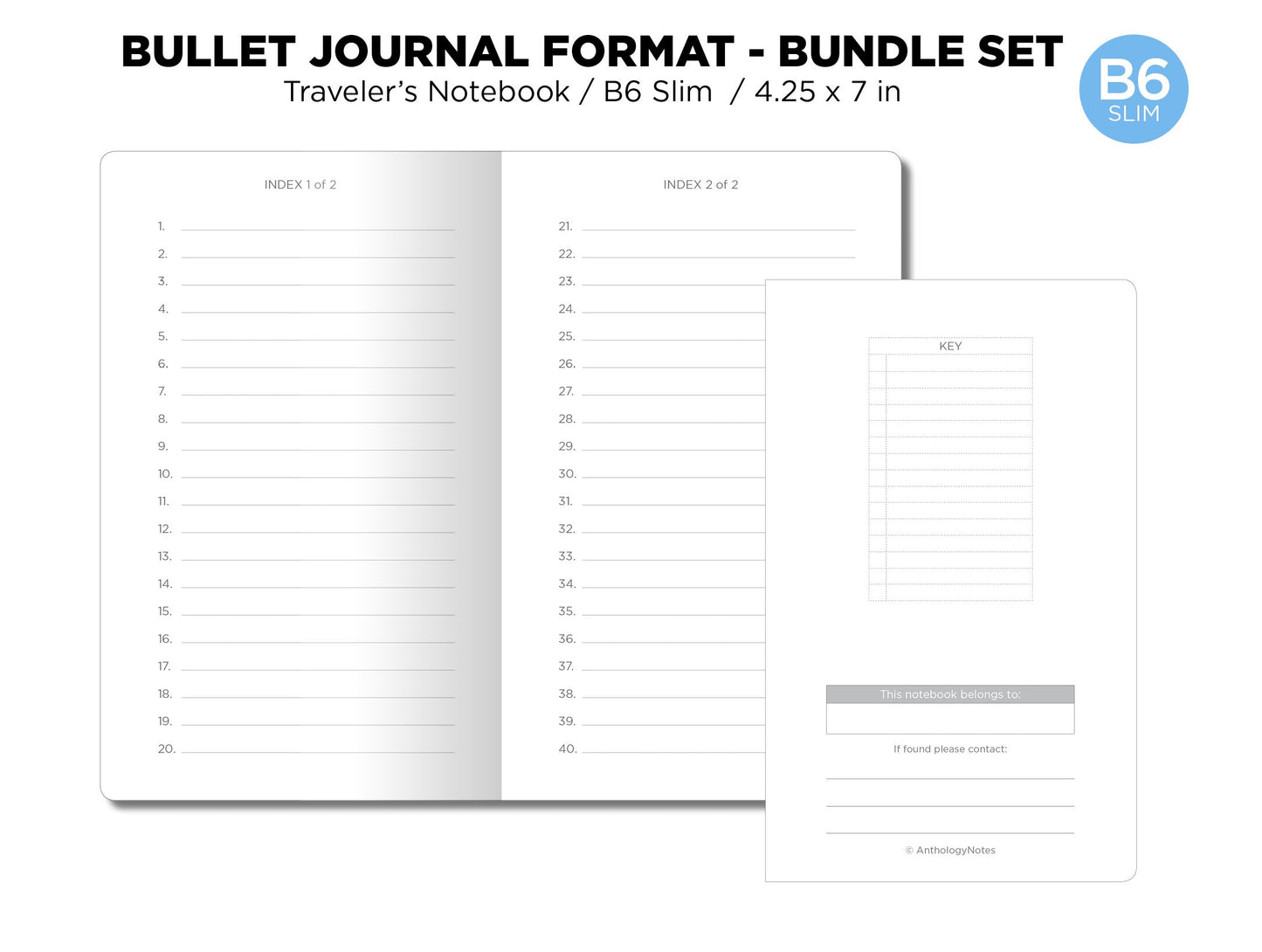 B6 Slim Bundle SET Printable Insert Grid, Blank, Dot Grid, Cross Grid, Lined, Traveler's Notebook Rapid Log