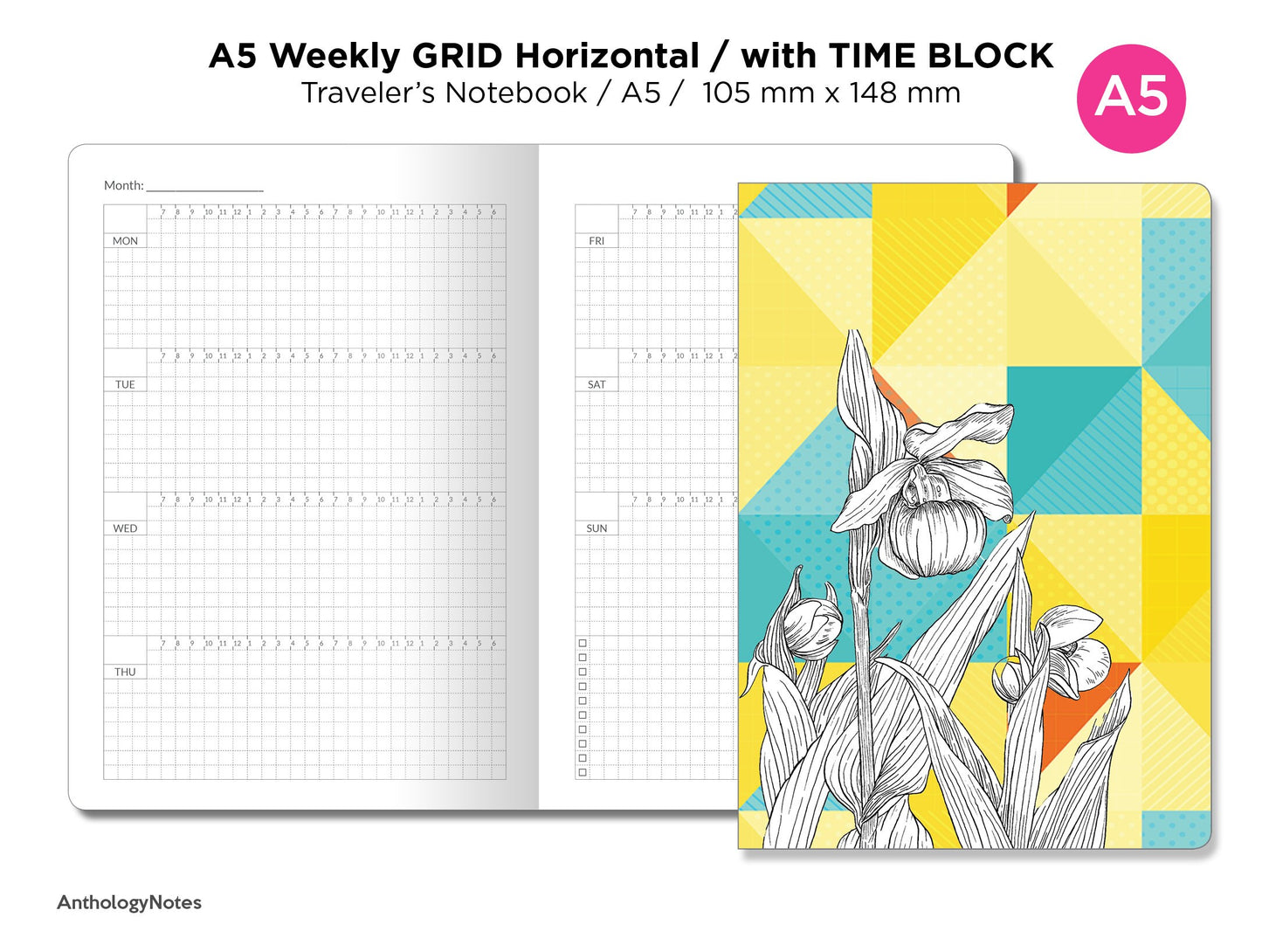 TN A5 Weekly Horizontal GRID with TIME Block Printable Insert Traveler's Notebook