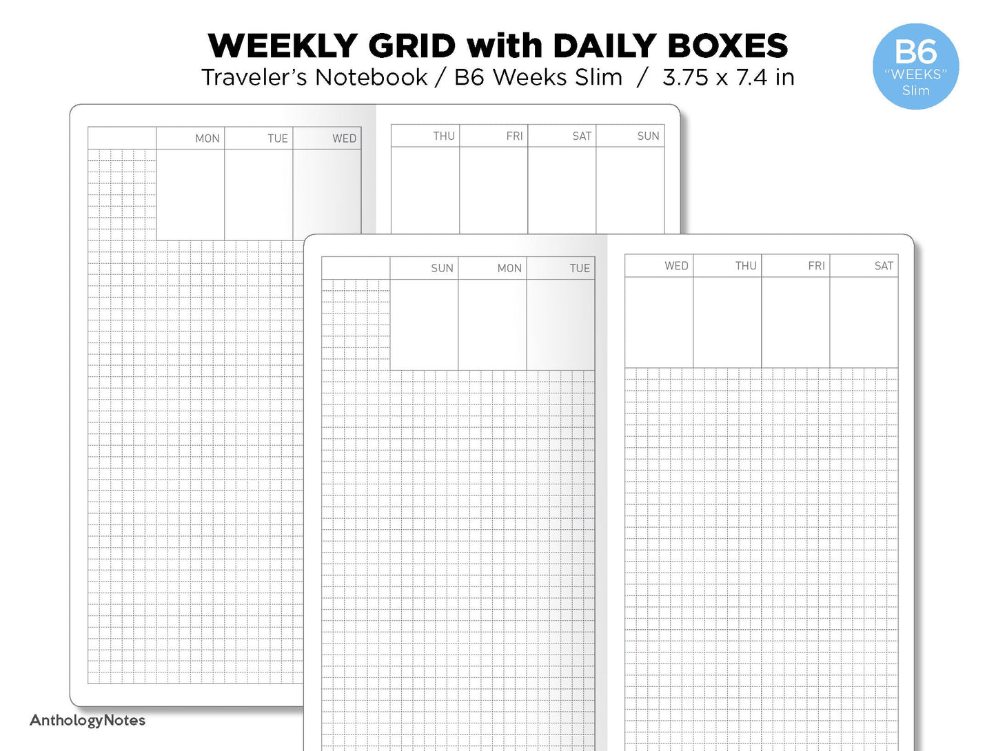 TN WEEKS Slim Weekly View with Daily Boxes Traveler's Notebook Printable Insert