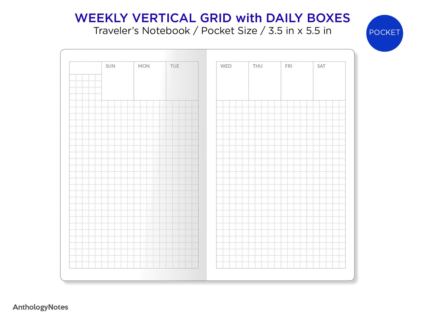 TN Pocket Weekly Vertical GRID with DAILY Boxes Printable Traveler's Notebook Insert