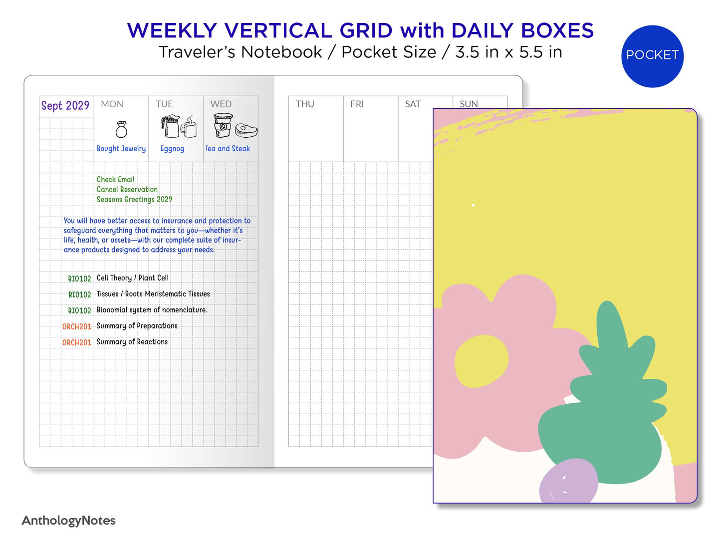 TN Pocket Weekly Vertical GRID with DAILY Boxes Printable Traveler's Notebook Insert