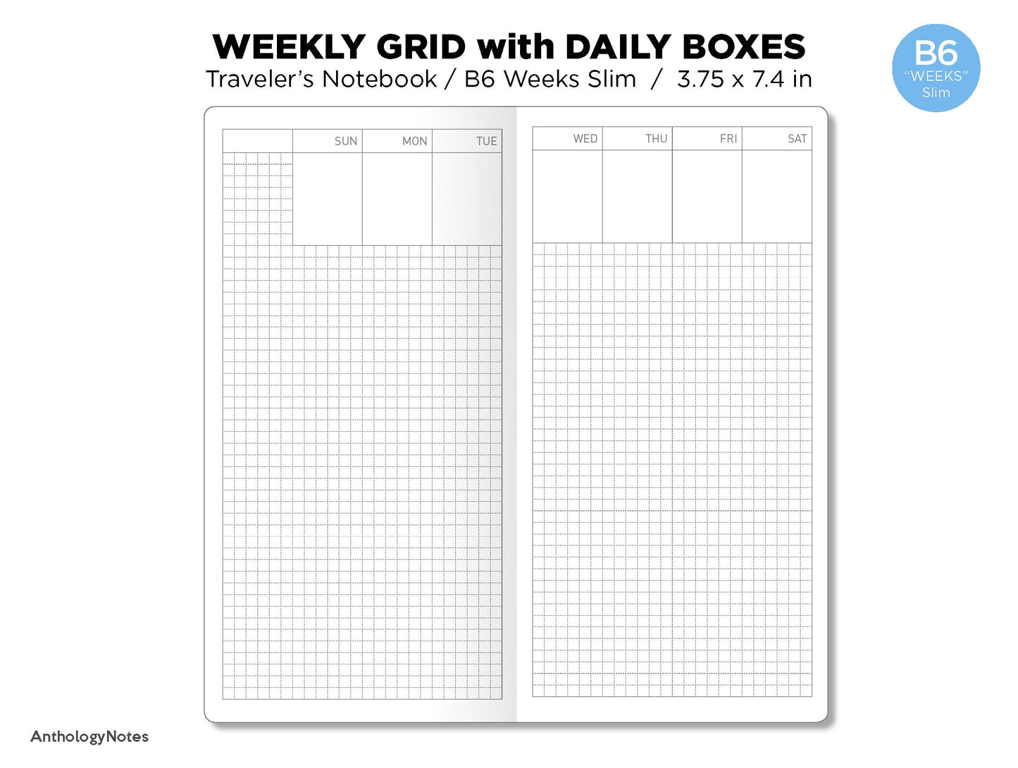 TN WEEKS Slim Weekly View with Daily Boxes Traveler's Notebook Printable Insert