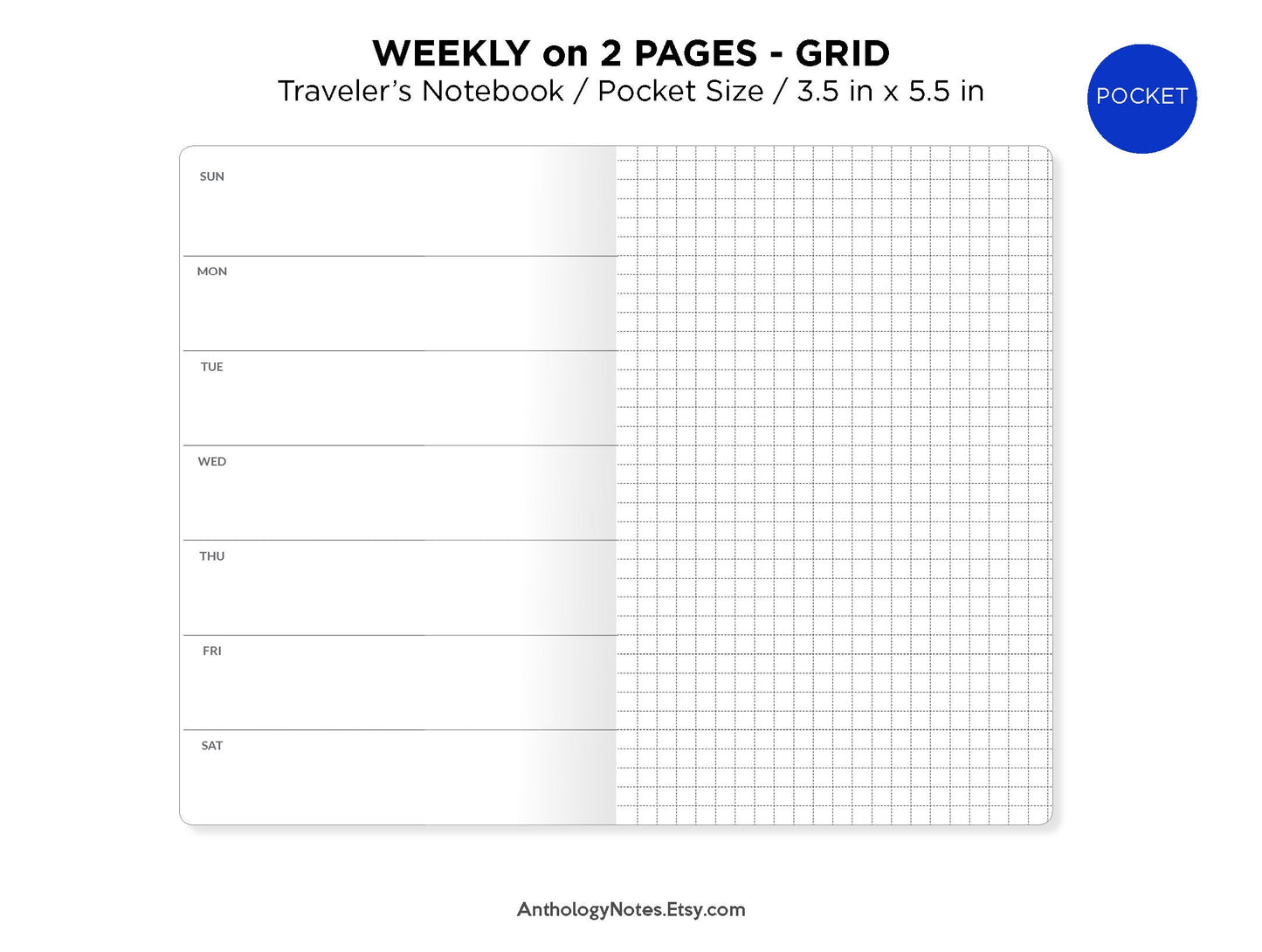 POCKET WEEKLY HORIZONTAL Grid Insert Traveler's Notebook Insert Undated Field Notes Wo1P Minimalist