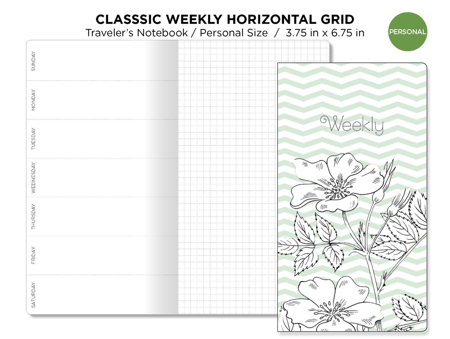 PERSONAL WEEKLY Insert Traveler's Notebook - Printable - Wo1P Horizontal - Minimalist & Functional GRID -