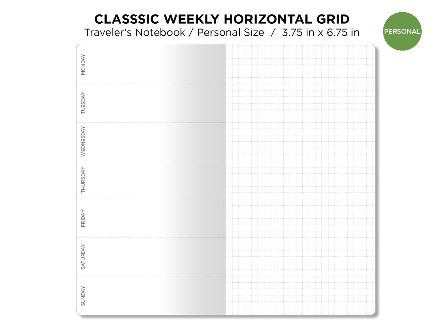 PERSONAL WEEKLY Insert Traveler's Notebook - Printable - Wo1P Horizontal - Minimalist & Functional GRID -