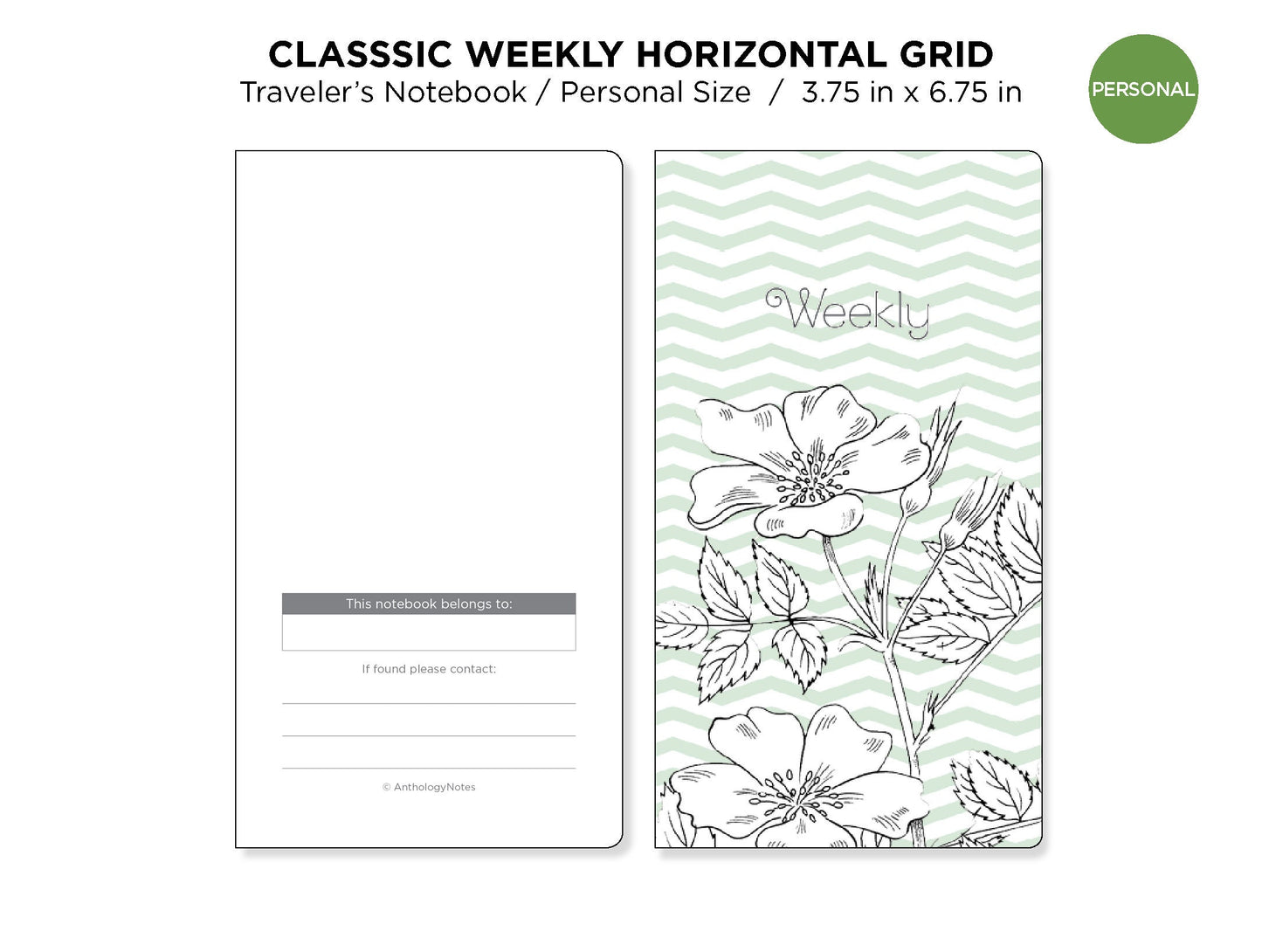 PERSONAL WEEKLY Insert Traveler's Notebook - Printable - Wo1P Horizontal - Minimalist & Functional GRID -