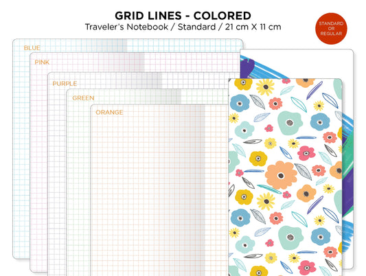 Traveler's Notebook Printable Insert STANDARD Colored GRID Lines - Green, Purple, Orange,  Blue, Pink