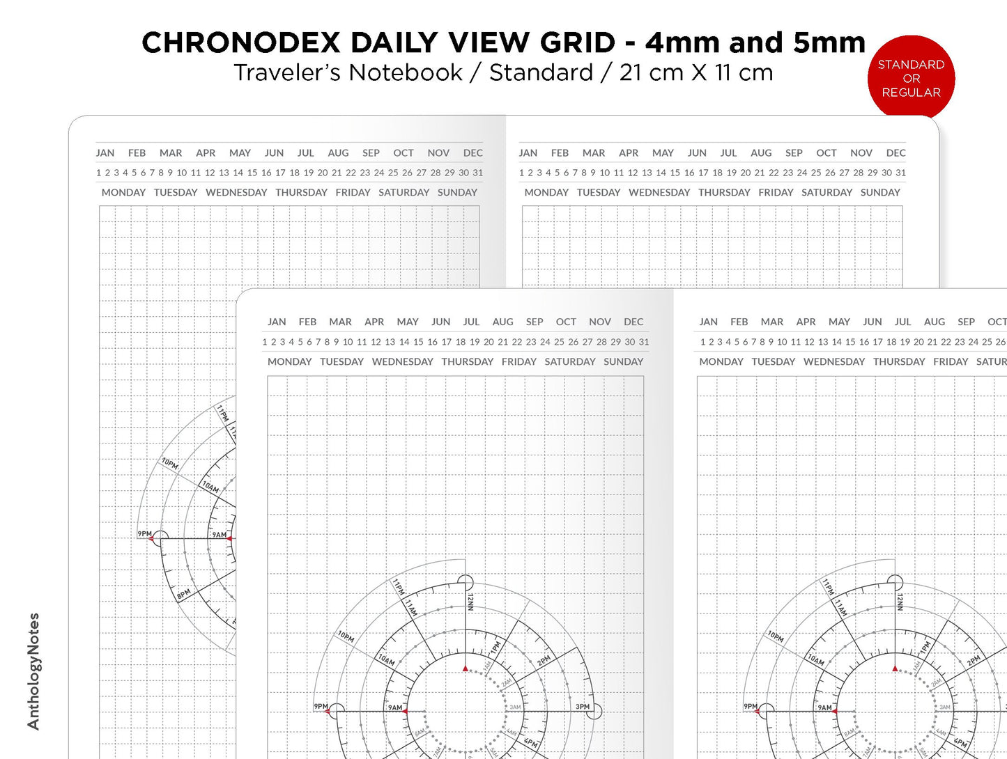 CHRONODEX Daily View GRID Traveler's Notebook Printable Insert Standard Size Minimalist, 4 mm x 4 mm and 5 mm x 5 mm