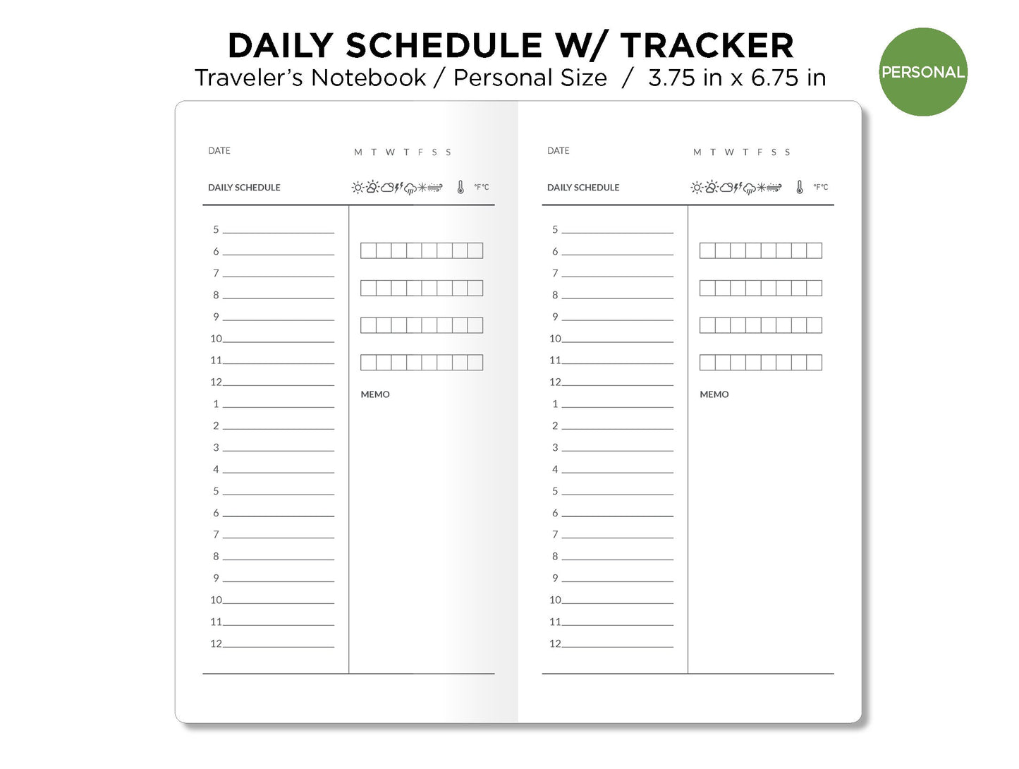 TN Personal DAILY Schedule with TRACKER Printable Insert Traveler's Notebook Minimalist