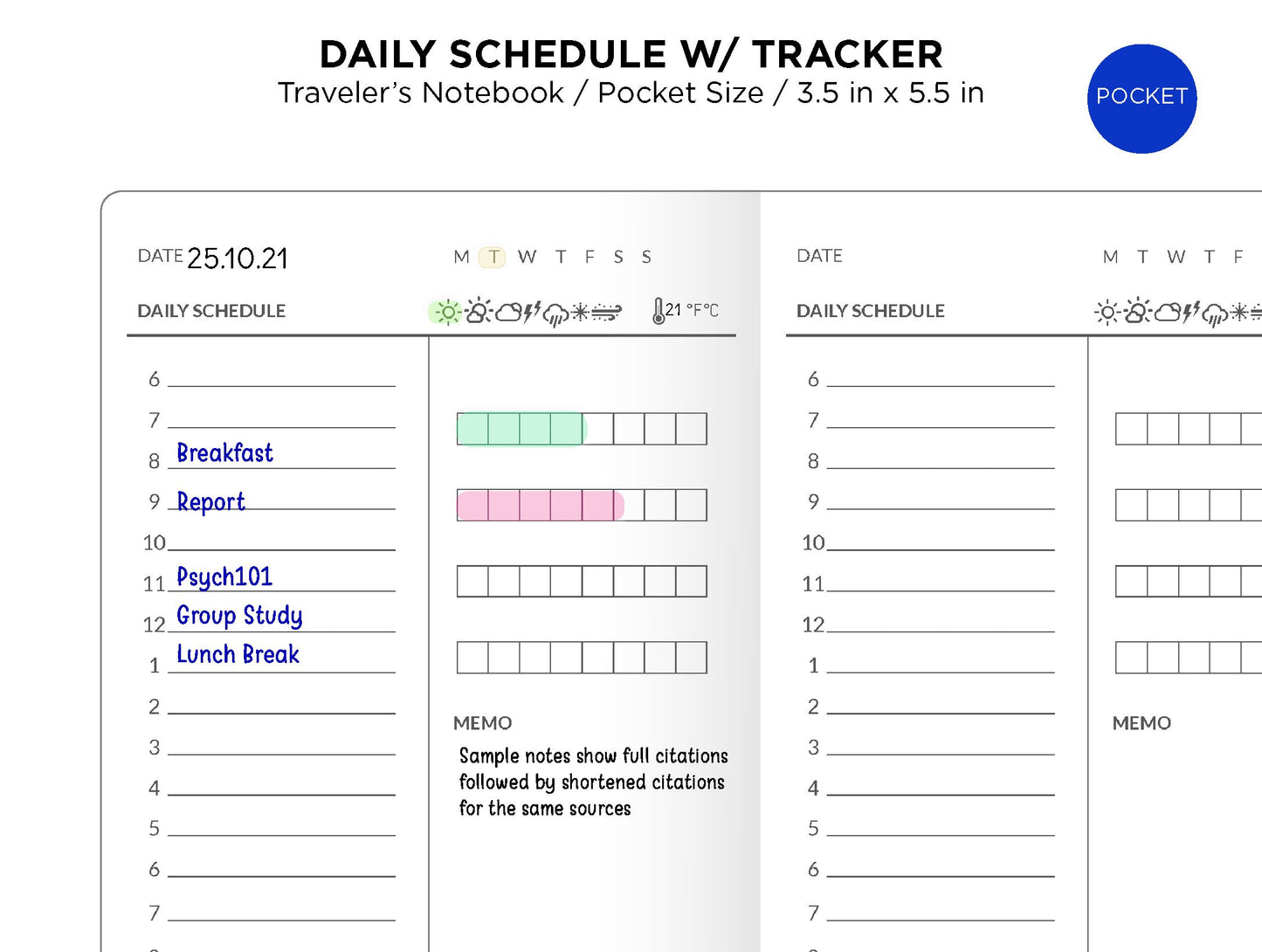 TN POCKET Daily Schedule with Tracker Printable Traveler's Notebook Insert FN027