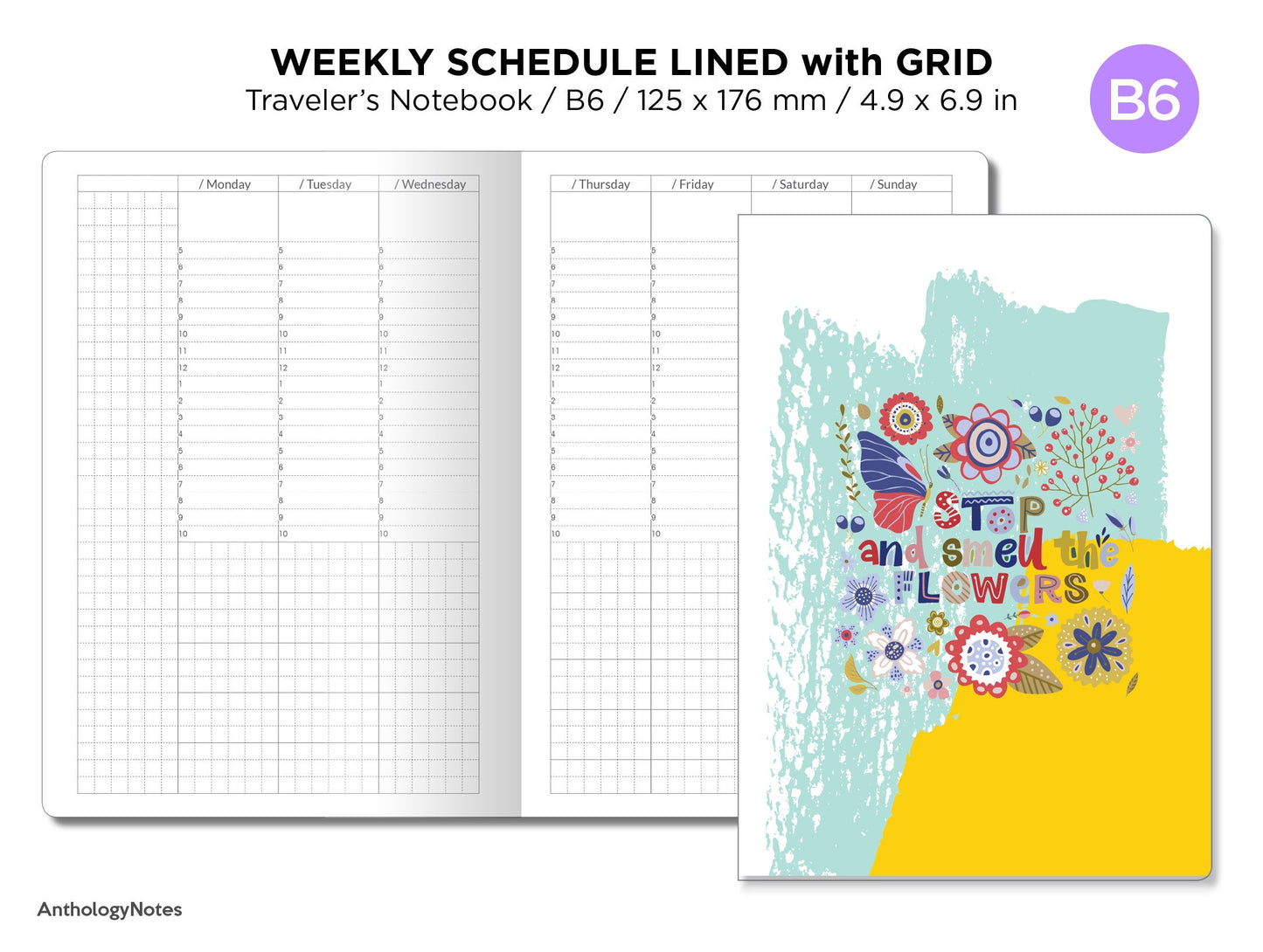 B6 Weekly Schedule Lined With GRID Printable Traveler's Notebook Insert Minimalist Functional