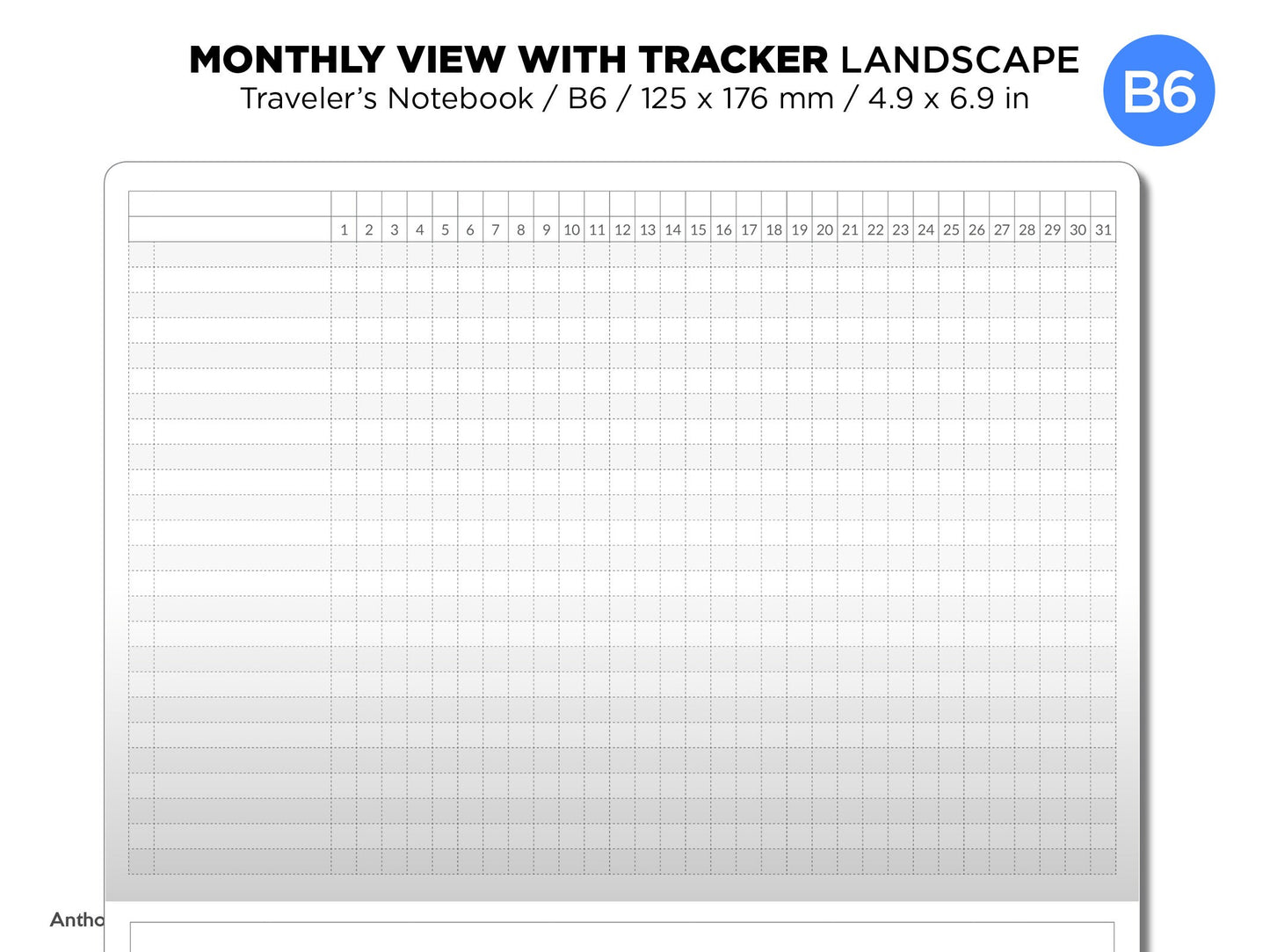 B6 Classic Monthly View TRACKER Landscape Format Traveler's Notebook Printable Insert - Minimalist