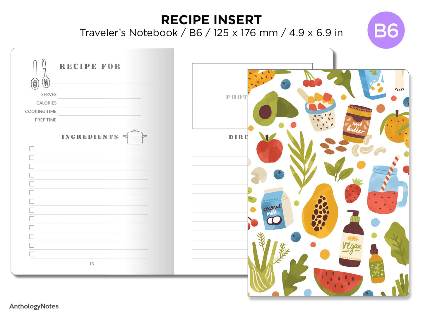 TN B6 Recipe Insert for Traveler's Notebook Printable Planner Insert