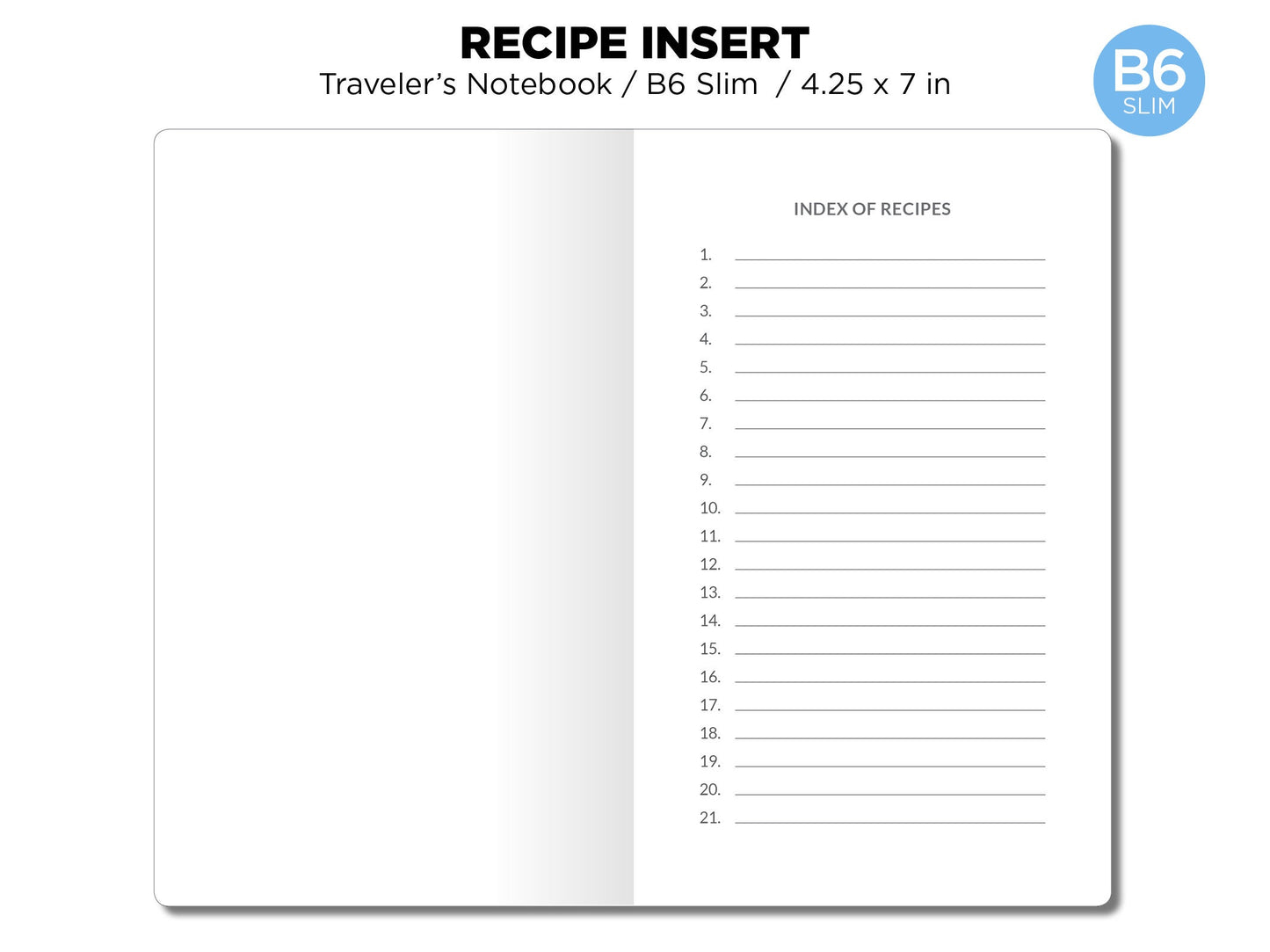 TN B6 Slim Recipe Insert Planner Printable Traveler's Notebook Insert