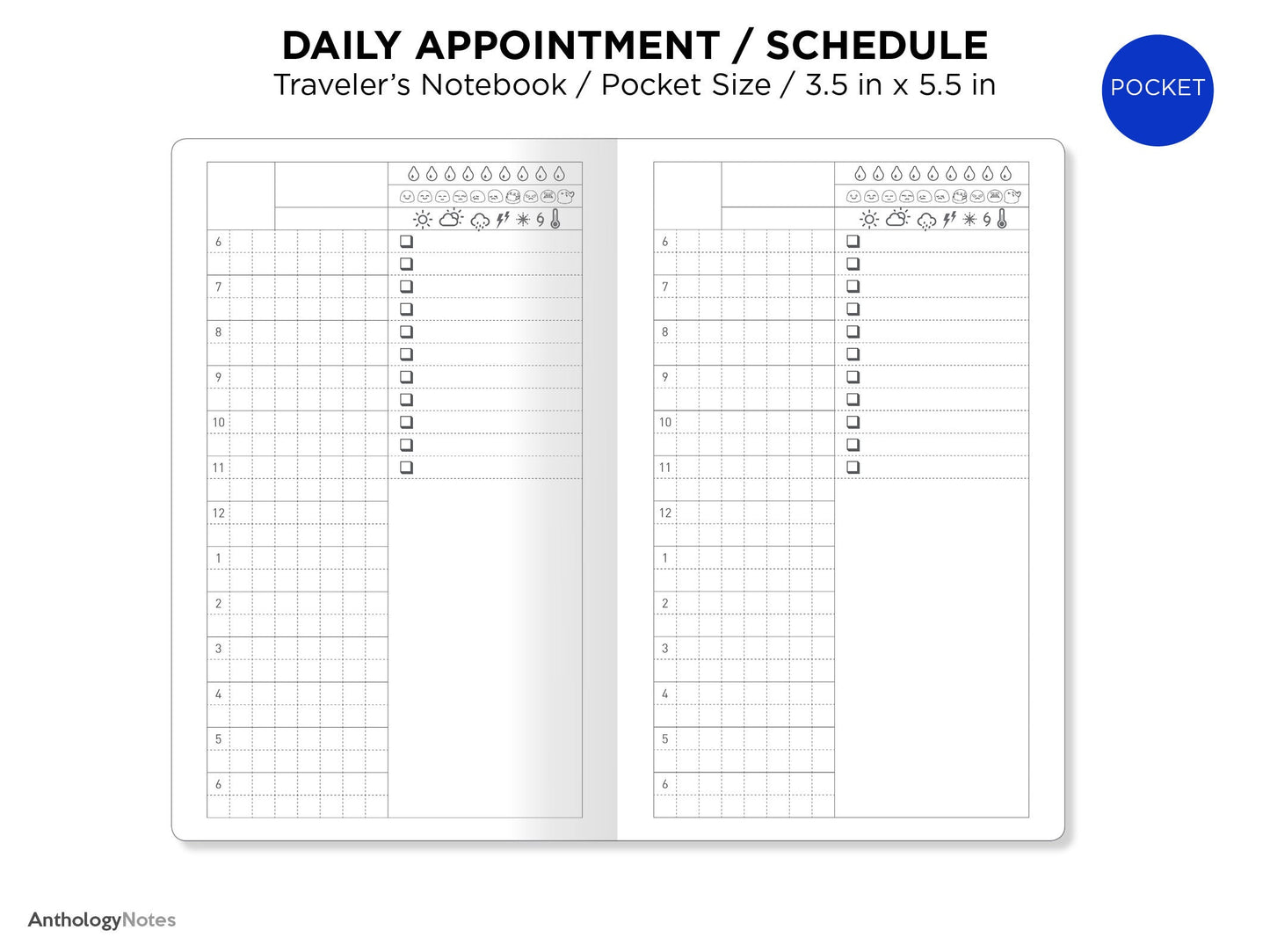 TN POCKET Size Daily View GRID Traveler's Notebook Printable Insert Weather, Mood, Water Intake Tracker